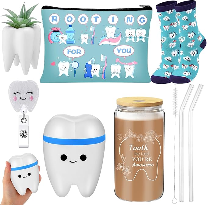 Pickmesh 6 Pcs Dental Gifts Dentist Assistant Hygienist Gifts 16 oz Glass Cups with Lid Makeup Bag Socks Badge Holder Tooth Brush Pot for Women Coworkers Doctor Nurse Christmas Accessories(Blue)