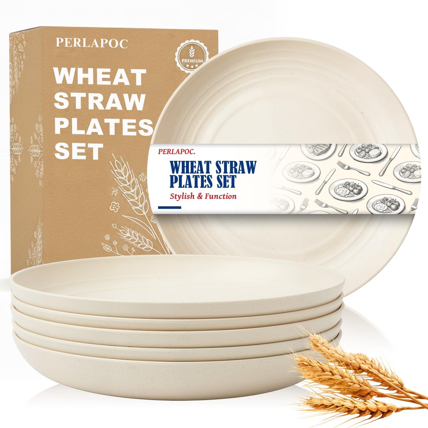 Perlapoc Wheat Straw Dinner Plates 6-Piece Set, 10 Inch Unbreakable Deep Plates, BPA-Free Reusable Plastic Plates, Microwave and Dishwasher Safe for Family, Kitchen, Beige