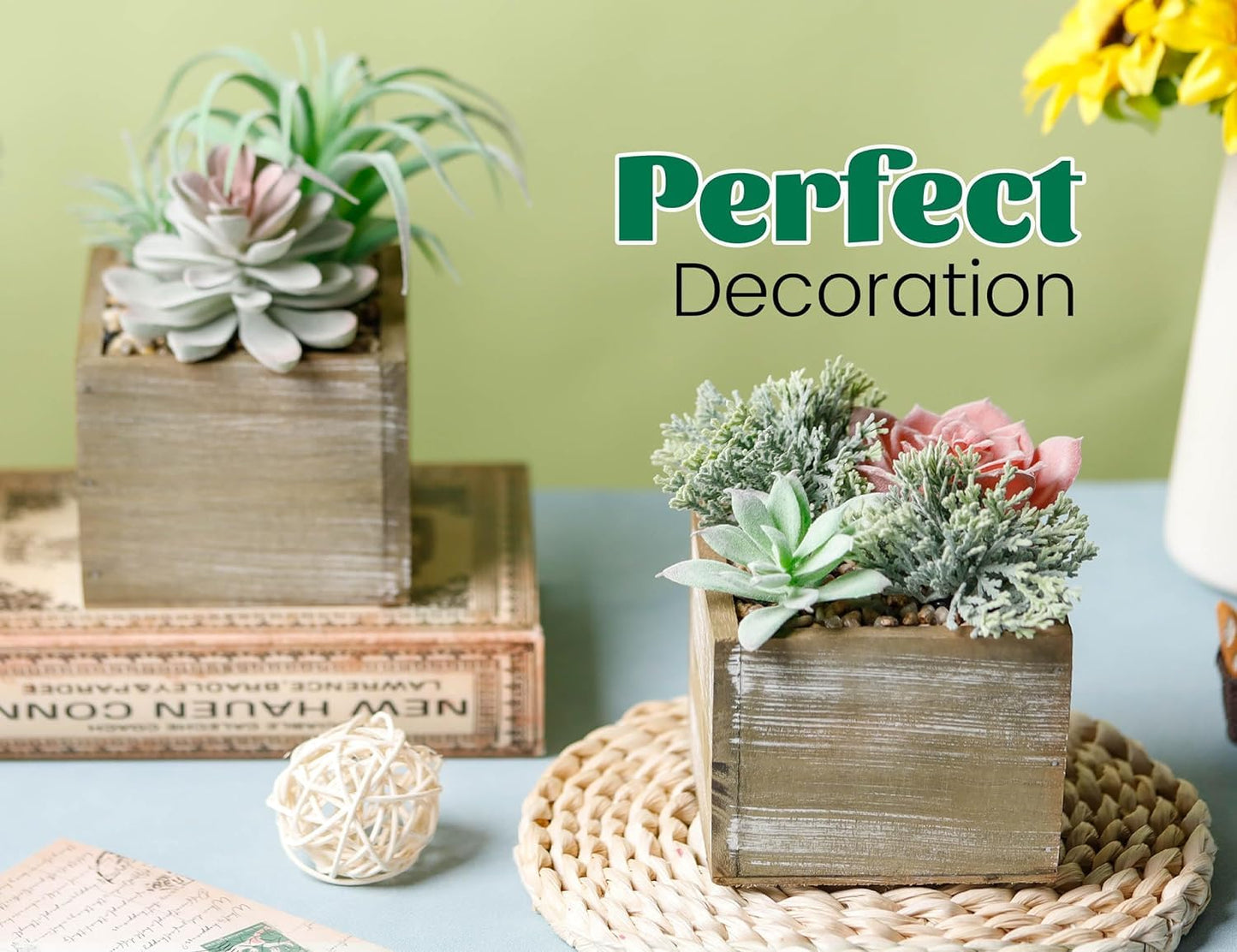 Der Rose 2 Pack Fake Plants Succulents Plants Artificial Cactus Plants in Wood Pots with Pink Flowers for Farmhouse Bathroom Decor