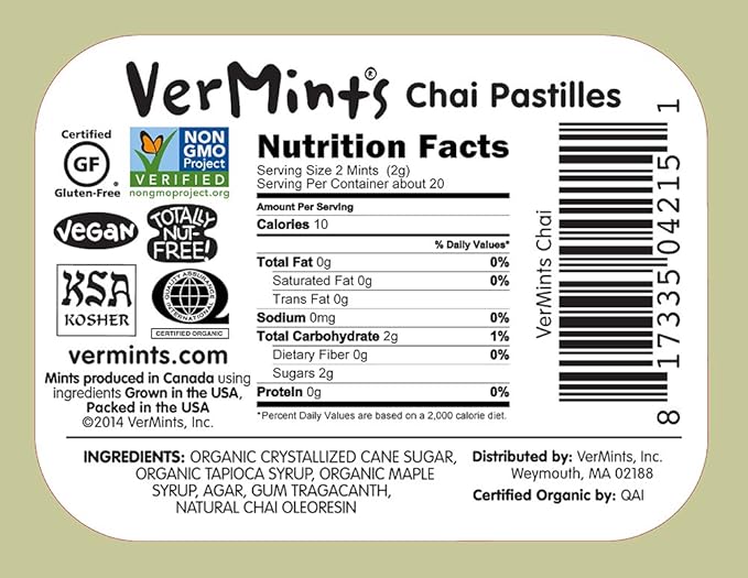 VerMints Organic Breath Mints - Real, Lasting Chai Flavored Pastilles - Breath Fresheners in Travel Mint Tins - Non-GMO, Nut Free, Gluten Free, Kosher & Vegan Candy - 1.41oz (Pack of 6)