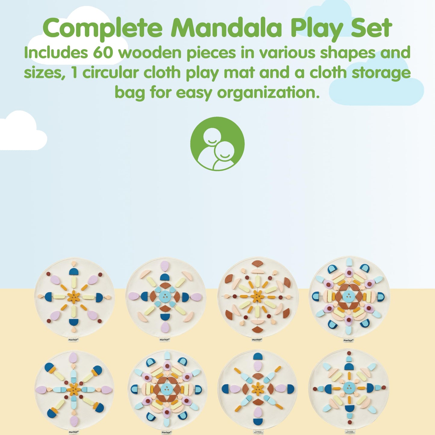 PlanToys® Wooden Mandala Set for Montessori Inspired Open Ended Play | Sensory, Creative and Spatial Learning Activity | Eco Friendly Wooden Mandala Pieces for Mindful Play