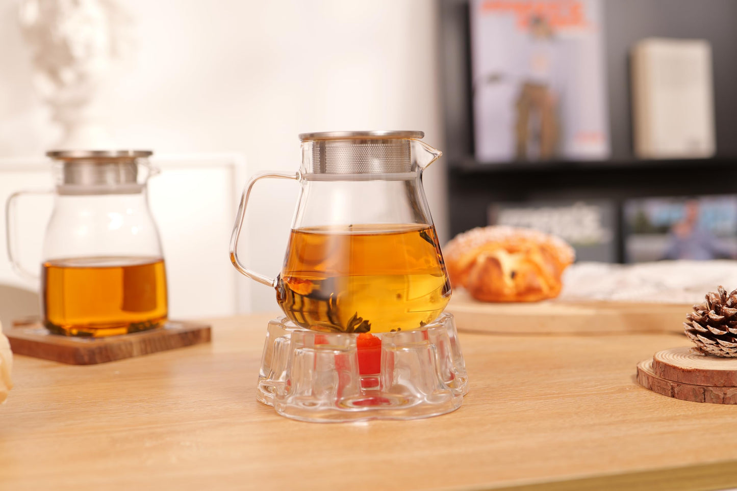 CNGLASS One-Touch Glass Teapot with Stainless Steel Filter Lid,20oz(600ml) Glear Tea Kettle Stovetop Safe,Borosilicate Glass Tea Pots for Loose Leaf Tea