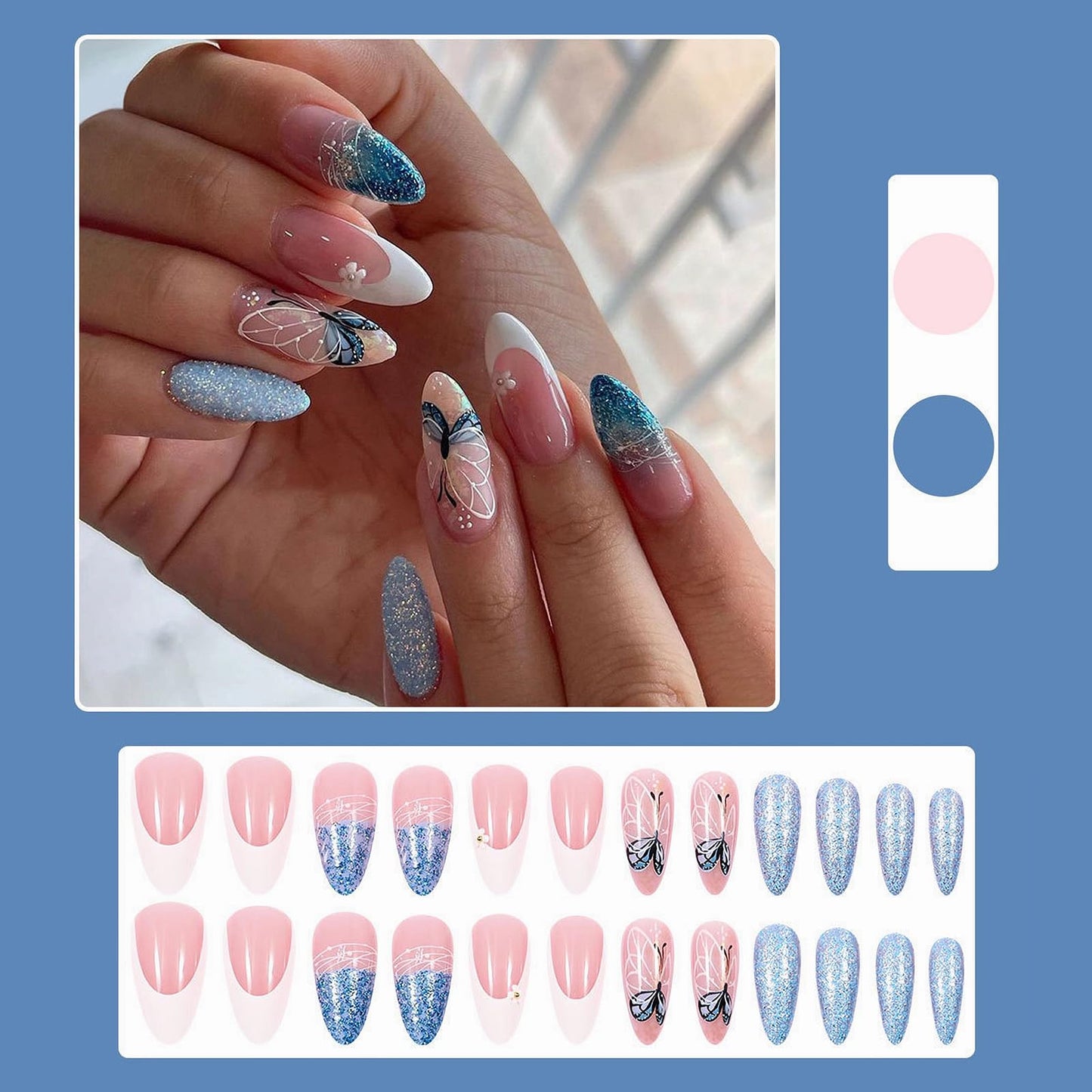 MISUD Press on Nails - Medium Almond Fake Nails with Summer Blue Butterfly Acrylic Bling Glitter Design 24 pcs