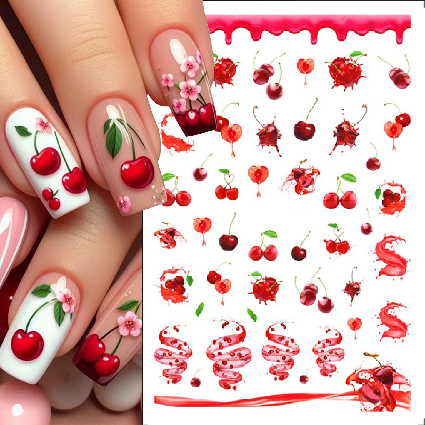 6 Sheets Summer Cherry Nail Art Stickers Cute Bunny Bowknot 3D Fruit Cherry Strawberry Design Suitable for Women and Girls Acrylic Nail Art Decoration