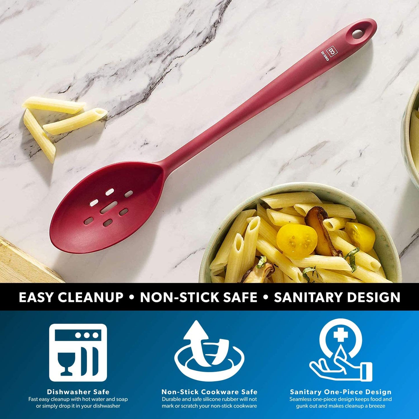DI ORO Silicone Slotted Spoon - 600°F High Heat Silicone Spoon for Cooking Nonstick Cookware Safe - Silicone Kitchen Spoon for Serving & Stirring - Large Spoon for Mixing - Dishwasher Safe (Red)