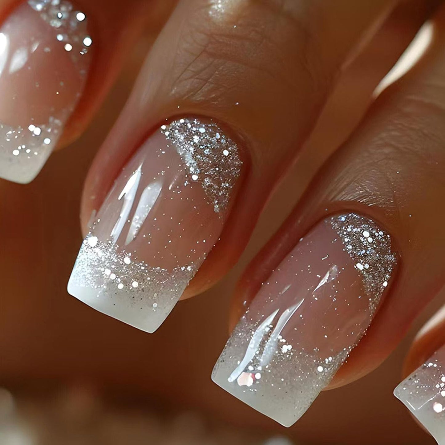 Square Press on Nails Meidum Short Fake Nails with Silver Glitter Designs Nude & White Translucent Nails Press ons Glossy Simple Acrylic Nails for Women 24 Pcs