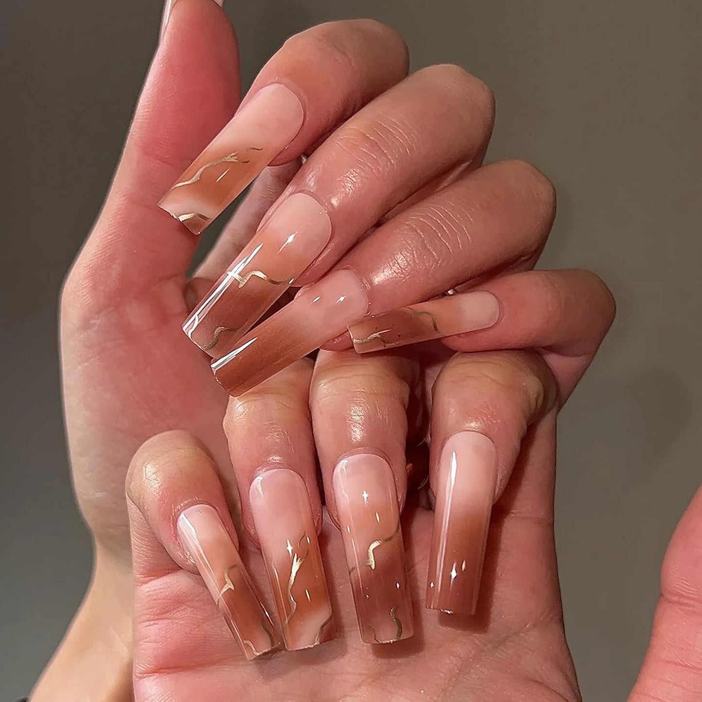MISUD Press on Nails - Long Square Glue on Nails with Fall Brown, Acrylic Autumn Ombre Design 24 pcs