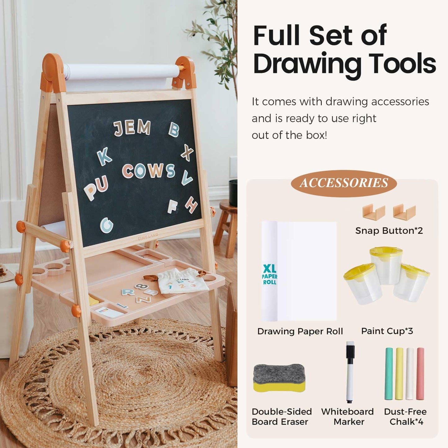 Tiny Land Easel for Kids, Double-Sided Magnetic Easel, Adjustable Wooden Kids Art Easel with Paper Roll, Learning-Toy for 3,4,5,6,7,8 Years Old Boy & Girls