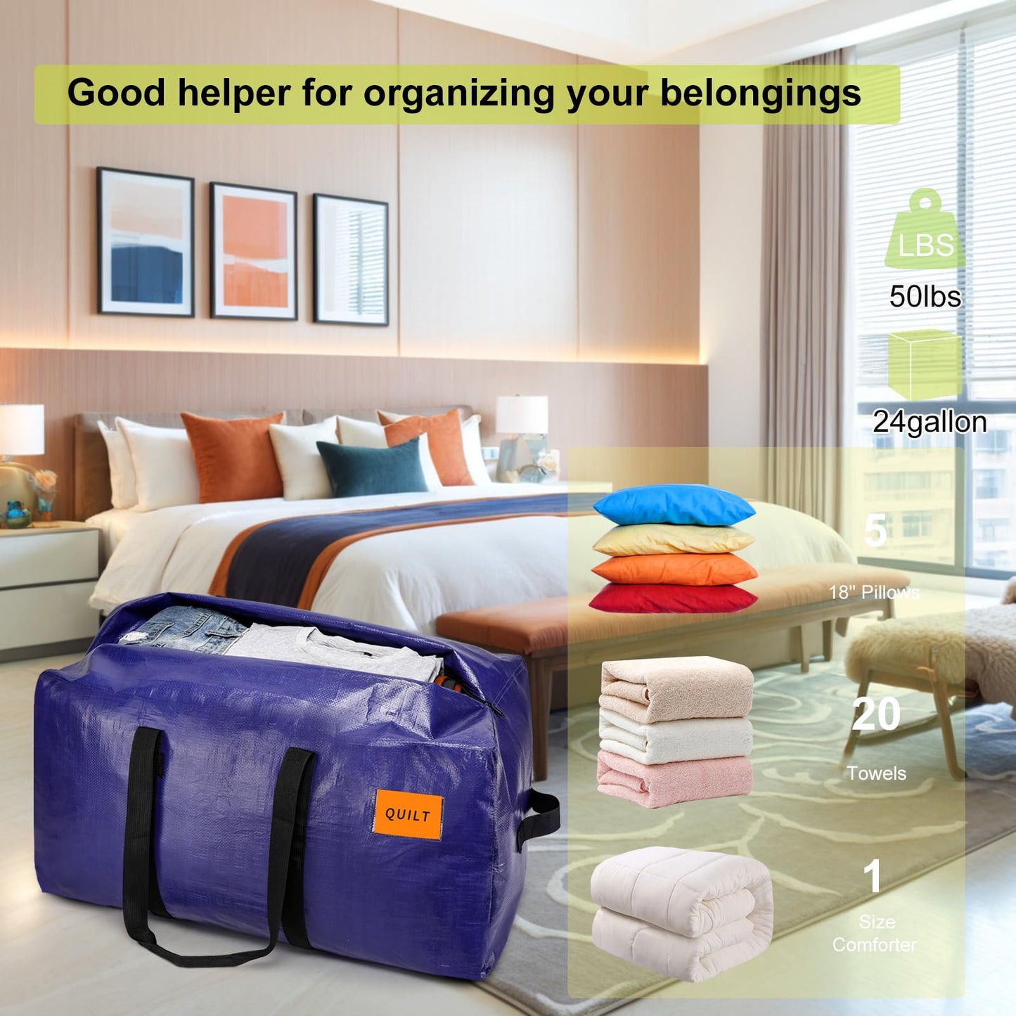 6 Pack Moving Bags Heavy Duty, Extra Large Storage Totes Bag with Zippers and Sturdy Handles, Packing Bags for Moving, Storage, Travel, Space Saving, Moving Boxes College Essentials Blue