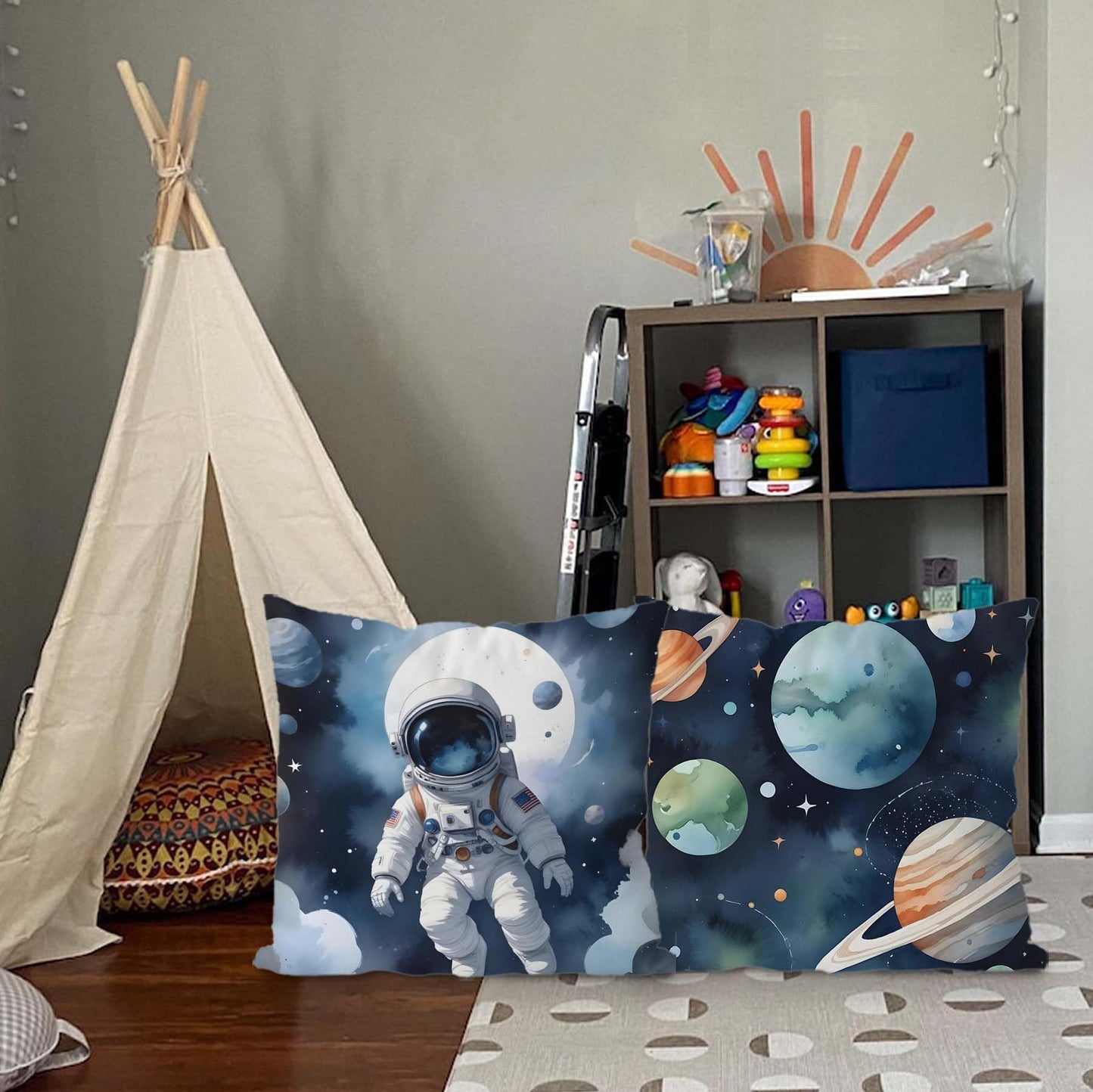 Likjad Space Pillow Covers 18x18 Set of 2, Space Decor for Boys Room, Blue Cosmic Planets Astronaut Decorative Throw Pillow Covers for Kids Boys Room Playroom Nursery Decor