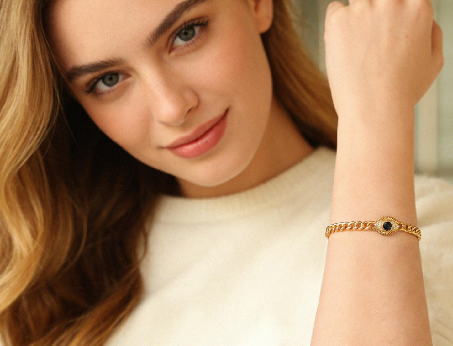 SOFYBJA Dainty 18K Gold Plated Devil’s Eyes Cuban Link Bracelet for Women Adjustable Bracelet Layered Handmade Jewelry