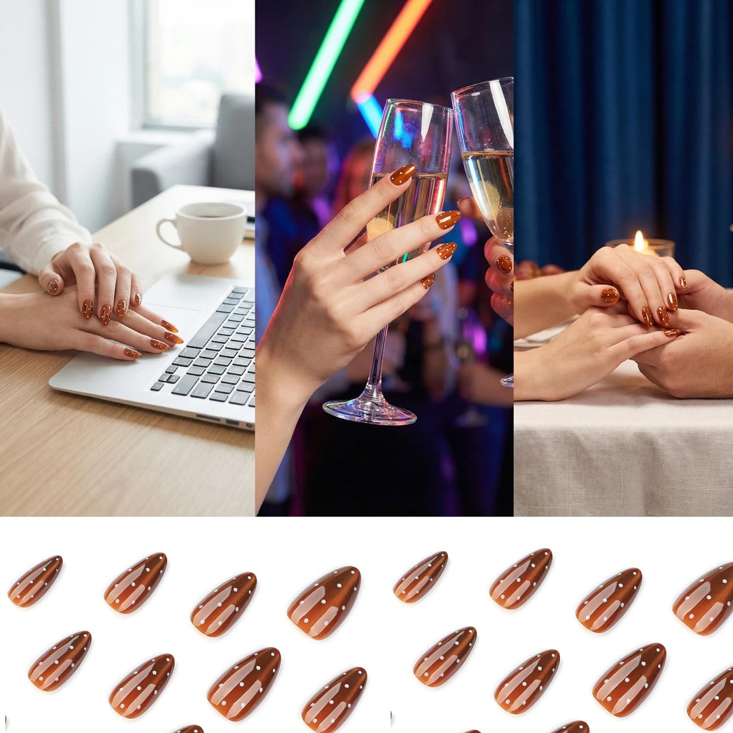 Glossy Brown Ombre Press-On Nails with White Dots, Almond Shape, 24PCS False Nails for Women, Durable & Easy to Apply, Salon-Quality Nail Art