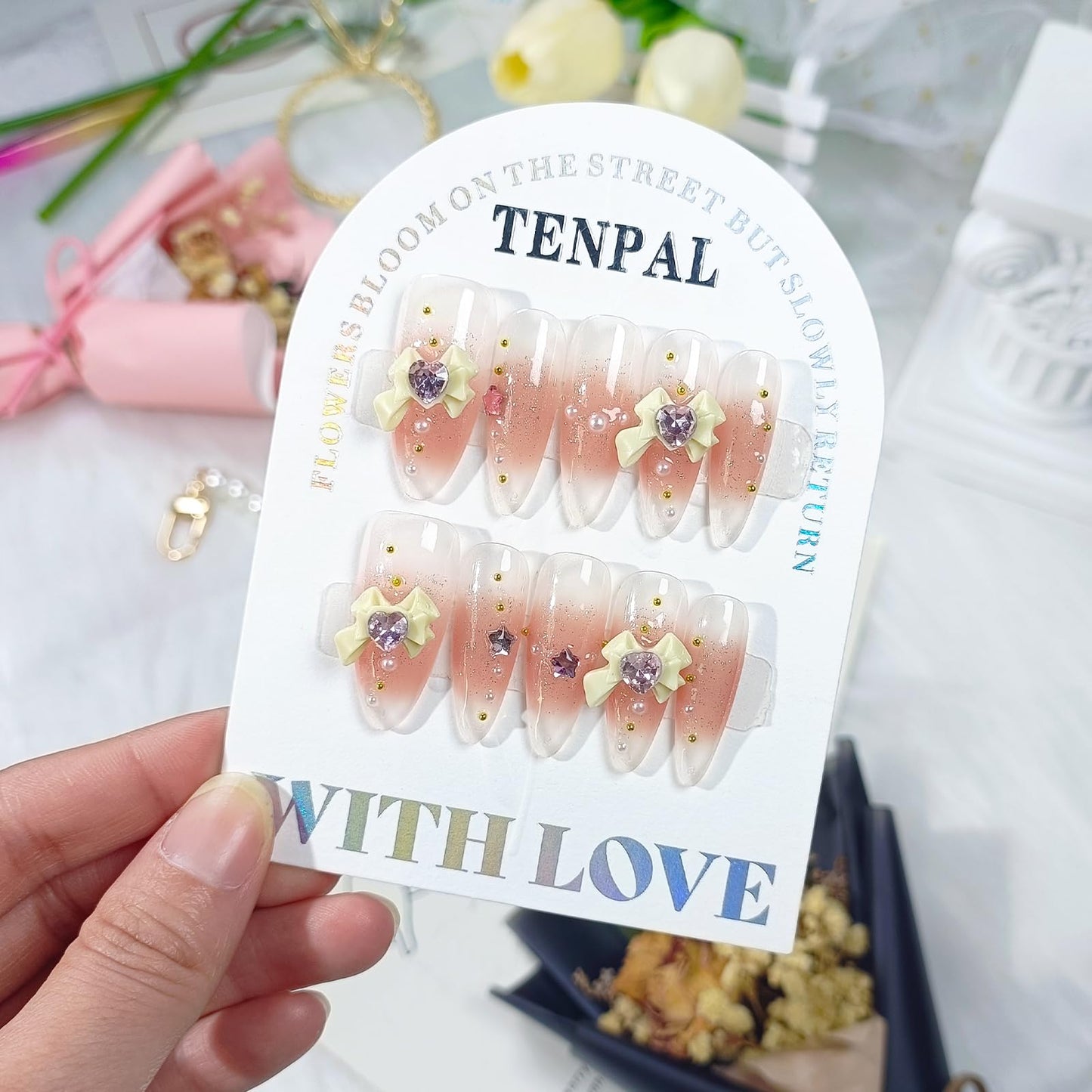 TENPAL Long Almond Press on Nails Handmade Nude Nails Press ons Acrylic False Nails With Bow Beads Decorations 10pcs/Box Sweet Cute Stiletto Artificial Fake Nails With Tools Ballet Pink Nails(XS)