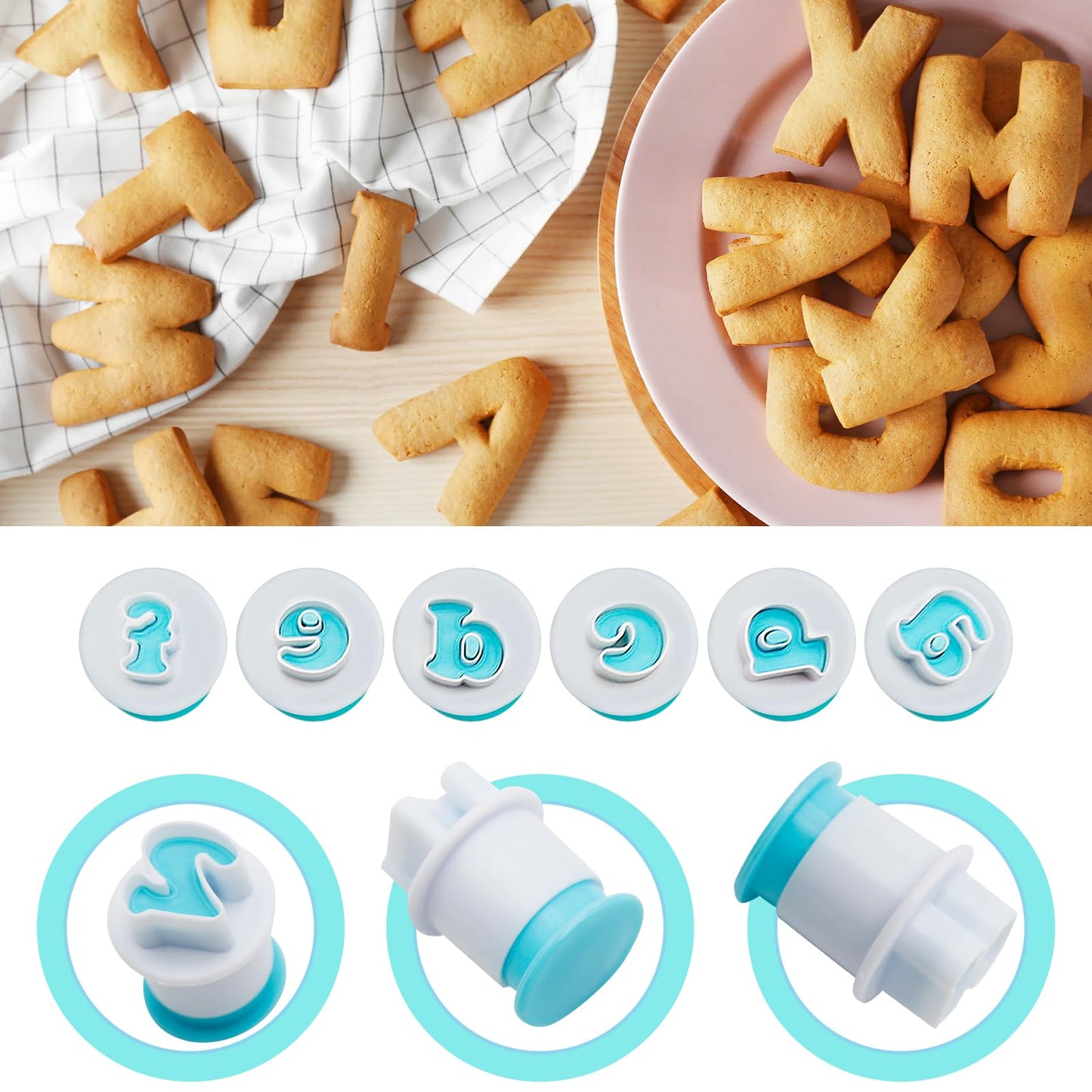26PCS/Set Cookie Stamp Impress Cookie Cutters Alphabet Letter Cake Biscuit Mold Letter Shape DIY Cookie Biscuit Alphabet Cake Tool Embosser Cutter (Lower Case Shape with Number)