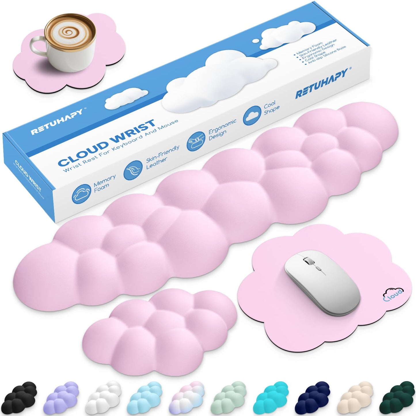 Retuhapy Cloud Wrist Rest Keyboard Cushion, 4-in-1 Ergonomic Cloud Keyboard Wrist Rest and Mouse Pad Set with Memory Foam Arm Support for Palm, Cute Desk Accessory for PC Gaming Setup, Pink
