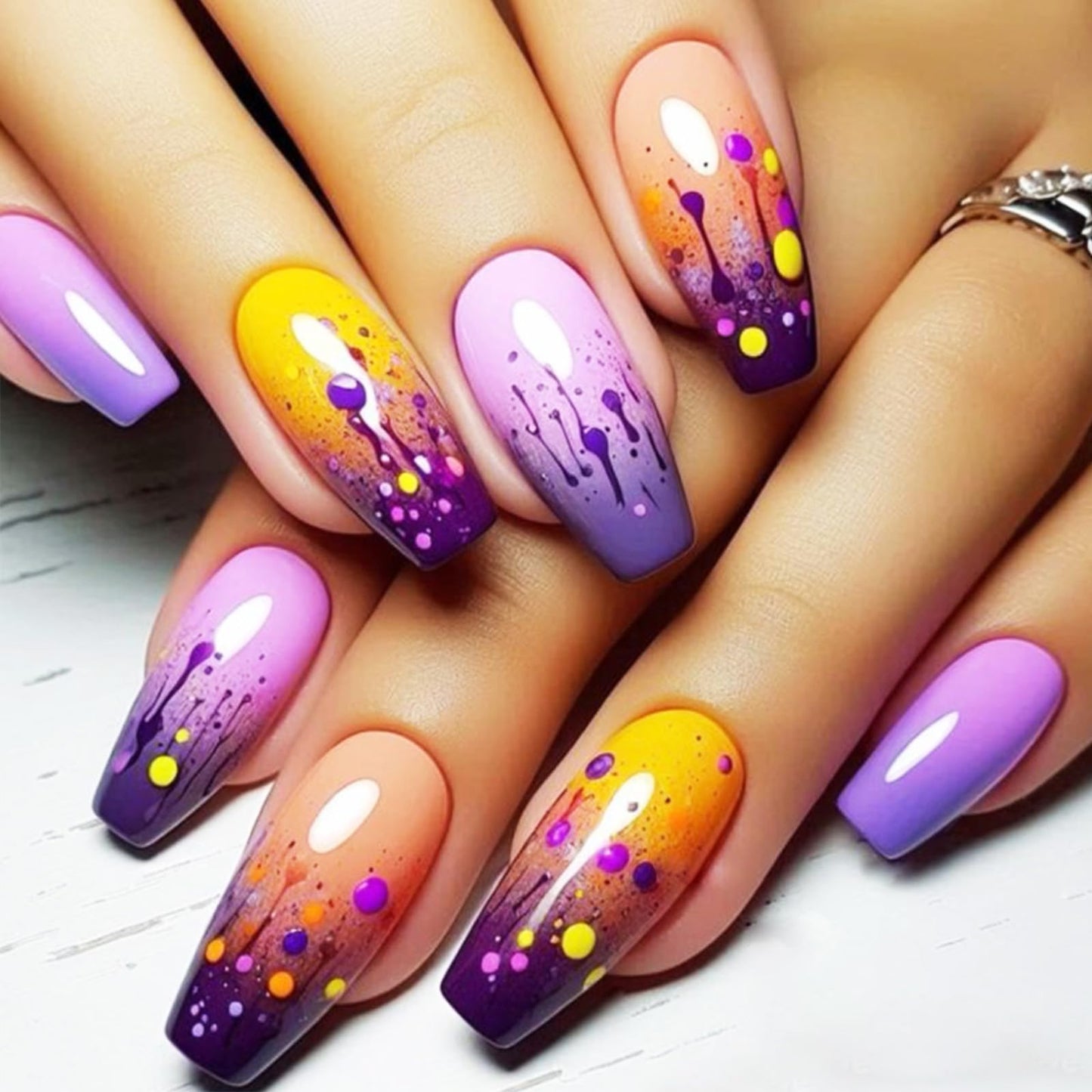 Graffiti Press on Nails French Tip Acrylic Full Cover Fake Nails 24Pcs Glossy Purple Gradient Medium Coffin False Nail Painted Stick on Nail Curve Line Gel Glue on Fingernails for Holiday Manicure Art
