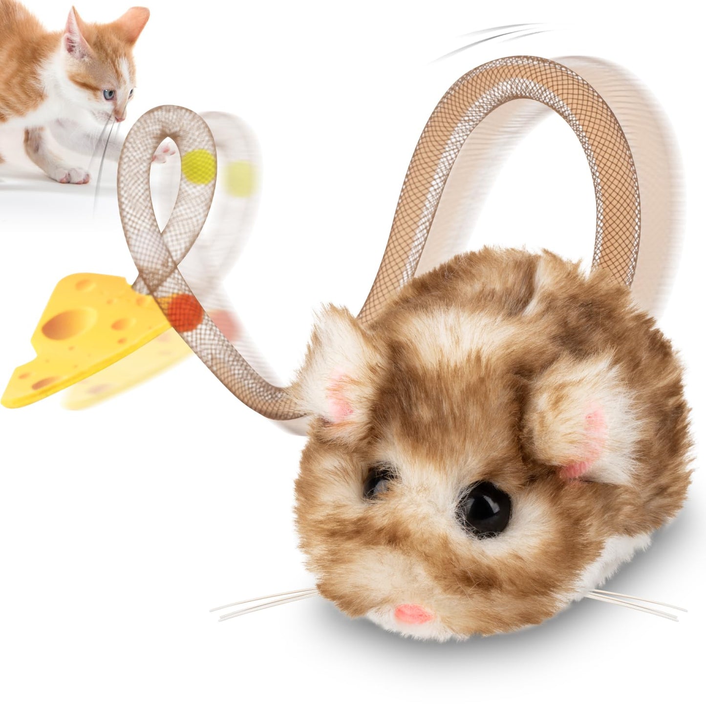 Migipaws Interactive MigiMouse Cat Toy 360° Rolling & Spin with Mesh Plastic Tail for Indoor Cats Smart Motion Sensor, Realistic Squeak, Rechargeable Plush Kitten Toy(Brown Long)