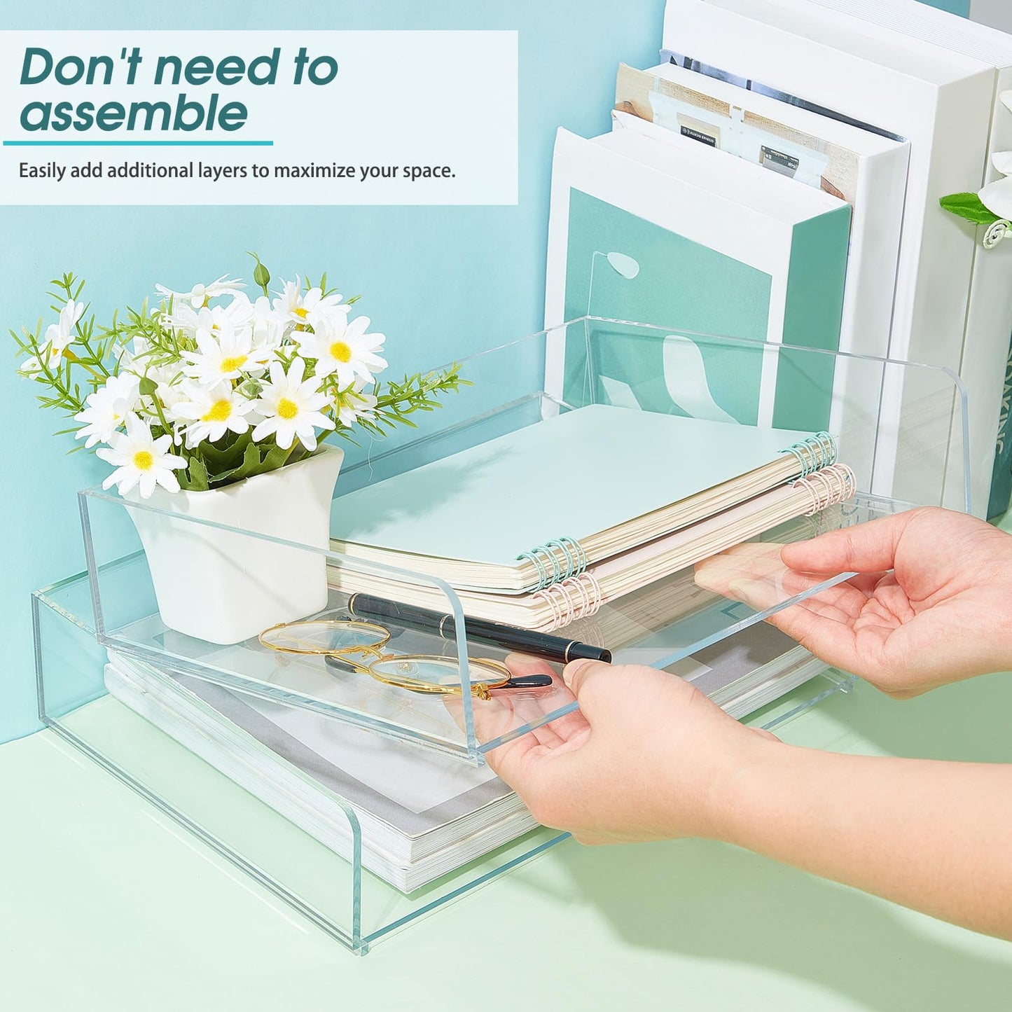 Yulejo 2 Pcs Stackable Acrylic Desk Organizers Paper Tray Storage Tier Accessories Paper File Office Organizer Tray Stackable Document Clear Desk Accessories for Office Workspace Organization