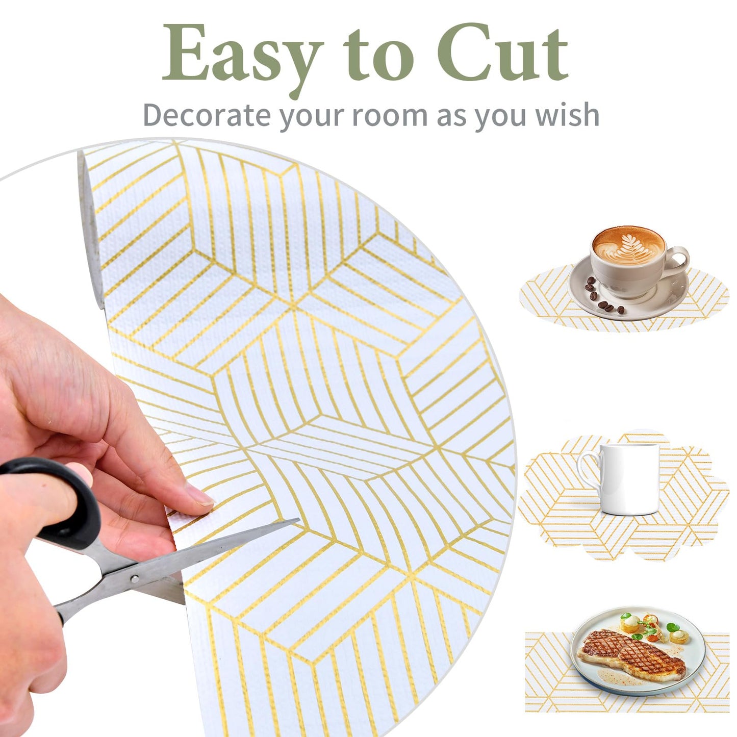 Shelf Liners for Kitchen Cabinets 12in x 20FT, Non Adhesive Cabinet Liner Strong Non-Slip Thickened Gold Geometric Drawer Liner, Easy to Clean for Shelf, Cabinet with Knife and Tape Measure