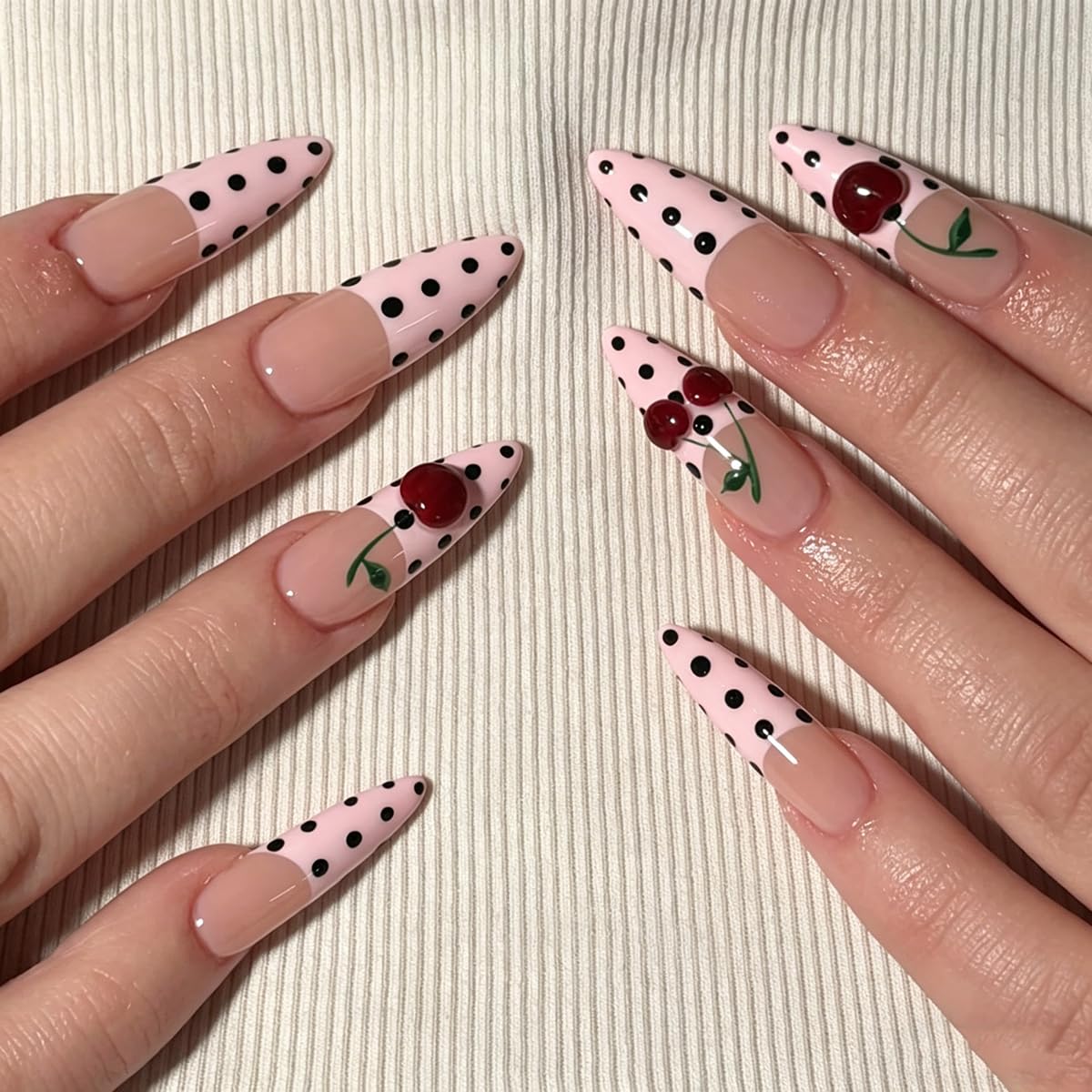 Pink French Press on Nails Almond, Long Fake Nails Black Polka Dot Nails Press ons with 3D Cherry Design,Acrylic Full Cover Glue on Nails, Spring Summer Cute Nail for Women Manicure Kit 24Pcs
