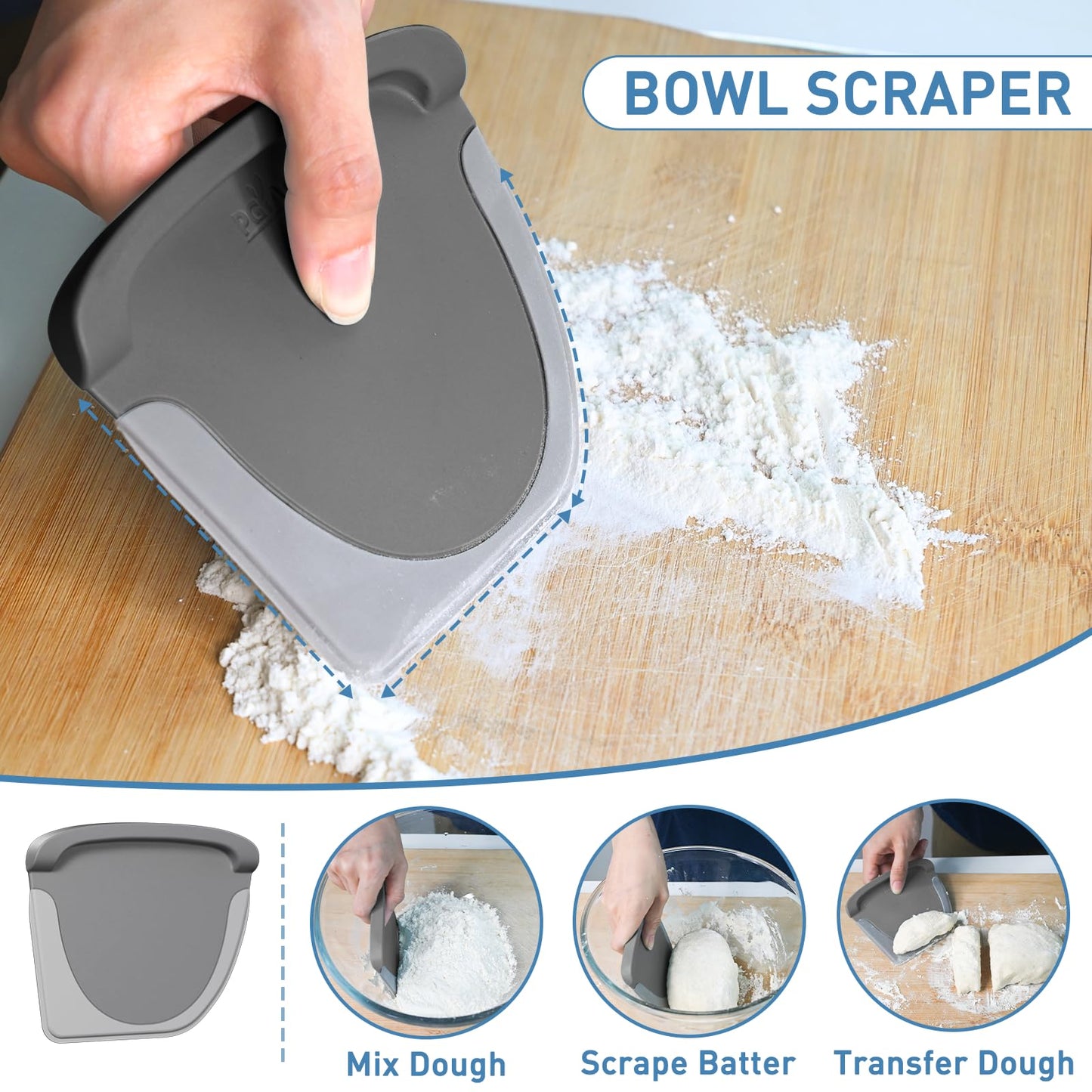 2 IN 1 Upgrade Bench Scraper, Dough Scraper for Pastry Bread Cake Pizza, Stainless Steel Dough Cutter with Conversion Chart & Measuring Scale, Bowl Scraper Food Scraper for Kitchen Baking, Gray