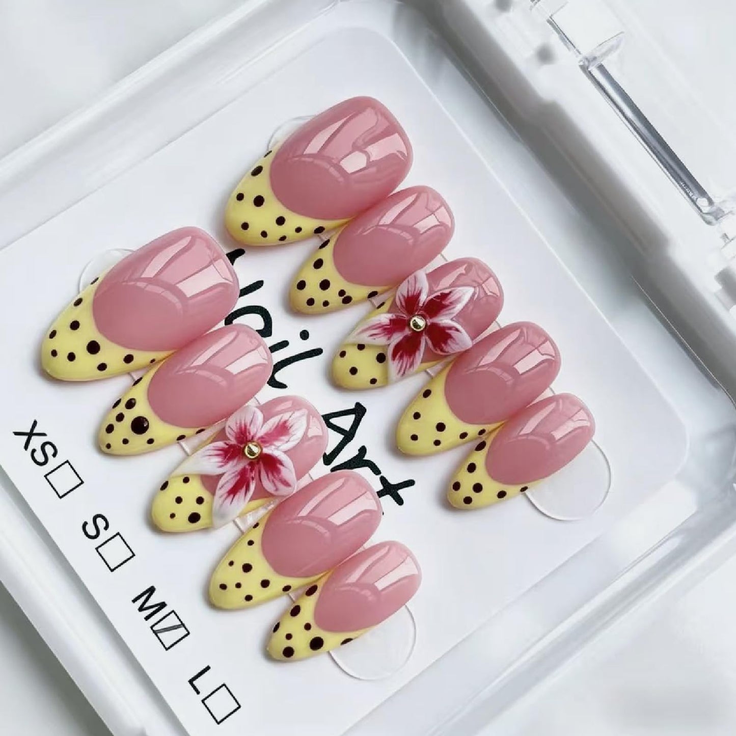 Threelegscat Handmade Pink Medium Almond Press on Nails, 10 PCS Fake Nails with 3D Flower & Polka Dots, Yellow French Tips False Nails, Reusable Size M for Women Daily& Gift