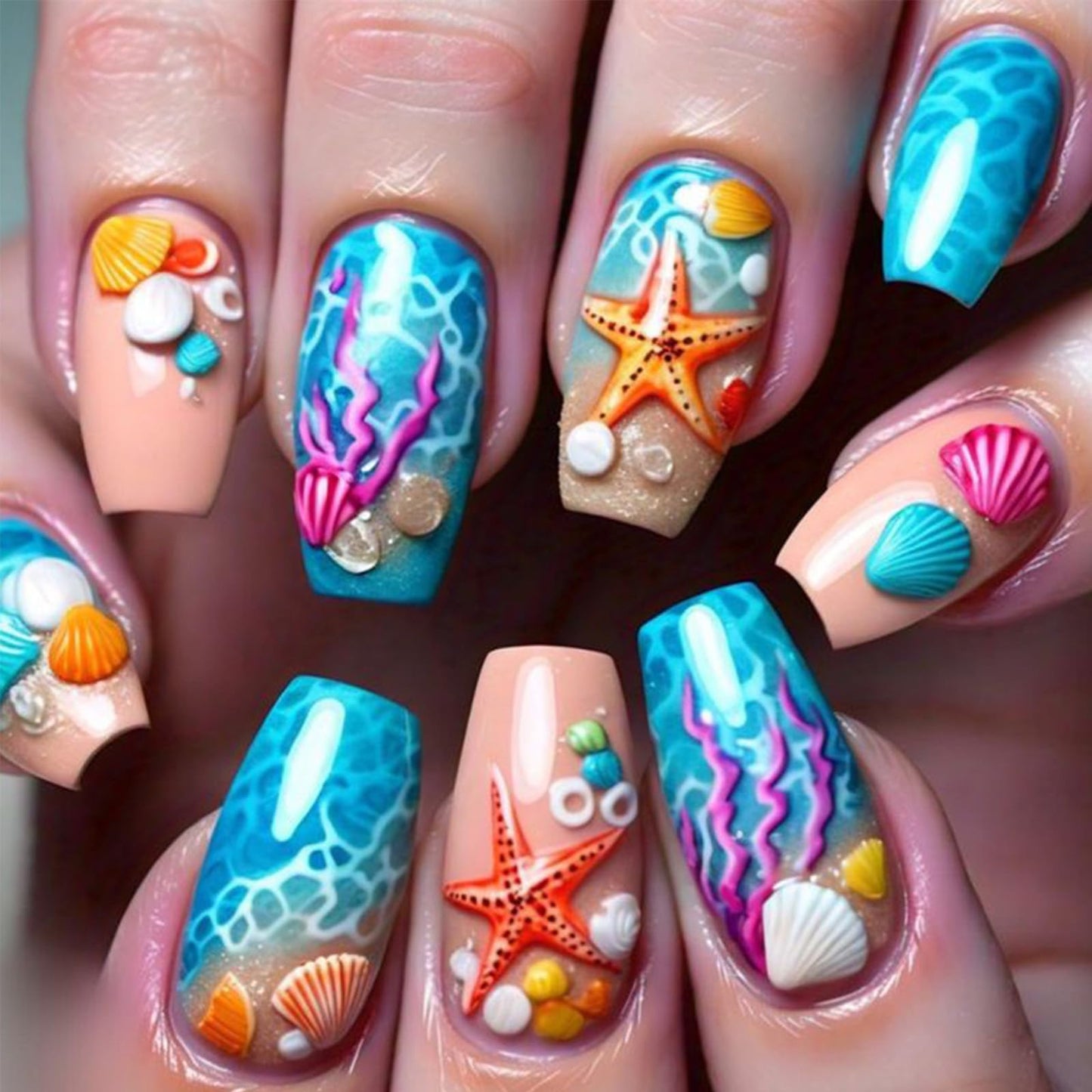 Beach Press on Nails Medium Coffin Fake Nails with Starfish Shell Coral Design Acrylic False Nail Glossy Full Cover Stick on Nail Reusable Artificial Summer Nails for Women Manicure 24Pcs