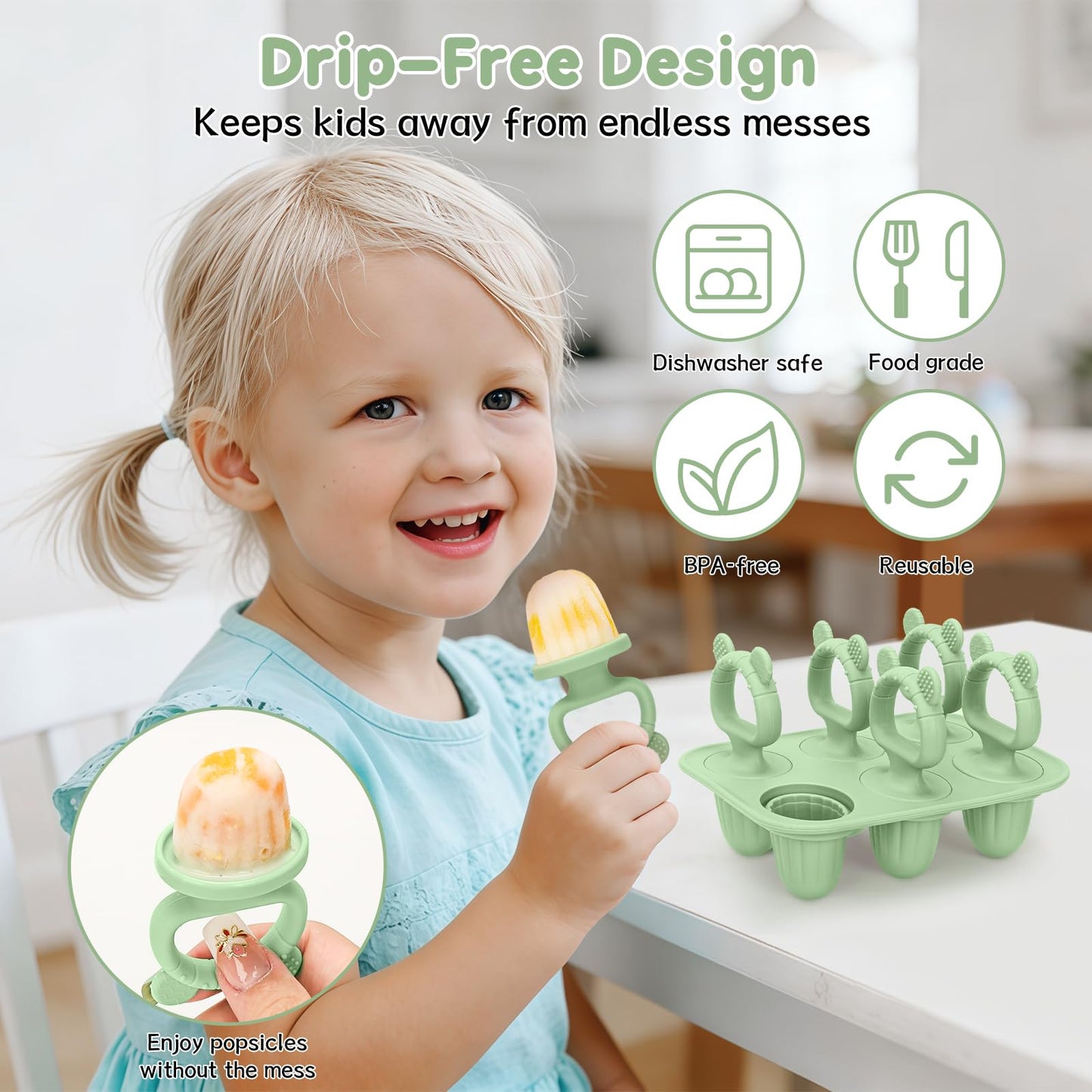 Silicone Baby Popsicle Molds with Sticks, Mini Popsicles Molds for Babies Breastmilk Popsicle Molds for Teething Relief, Frozen Treats Maker Popsicle Maker Ice Pop Mold for Toddlers Kids(Green)