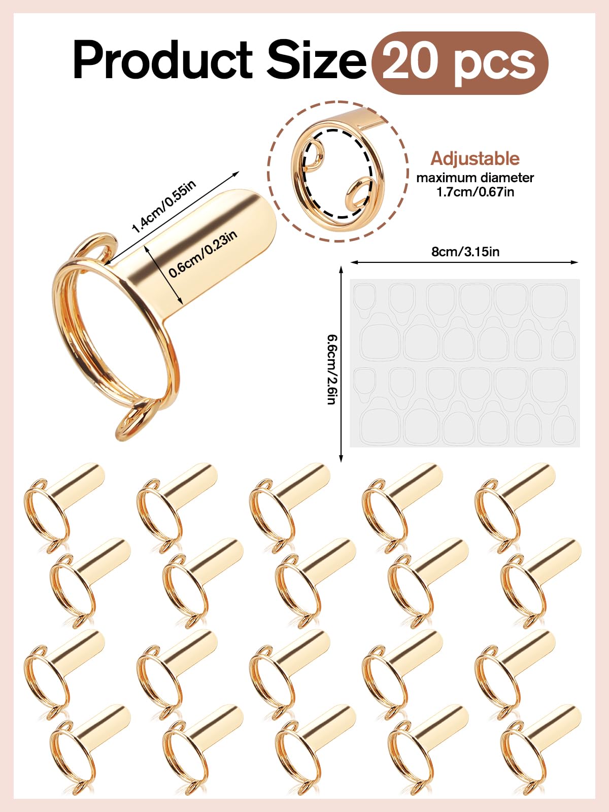 EBANKU 20PCS Wudu Nail Rings, Updated Adjustable Nail Rings Detachable Reusable Women Gift Ring Set with 120PCS Adhesive Nail Tabs for Acrylic Nail Art Decoration Gold