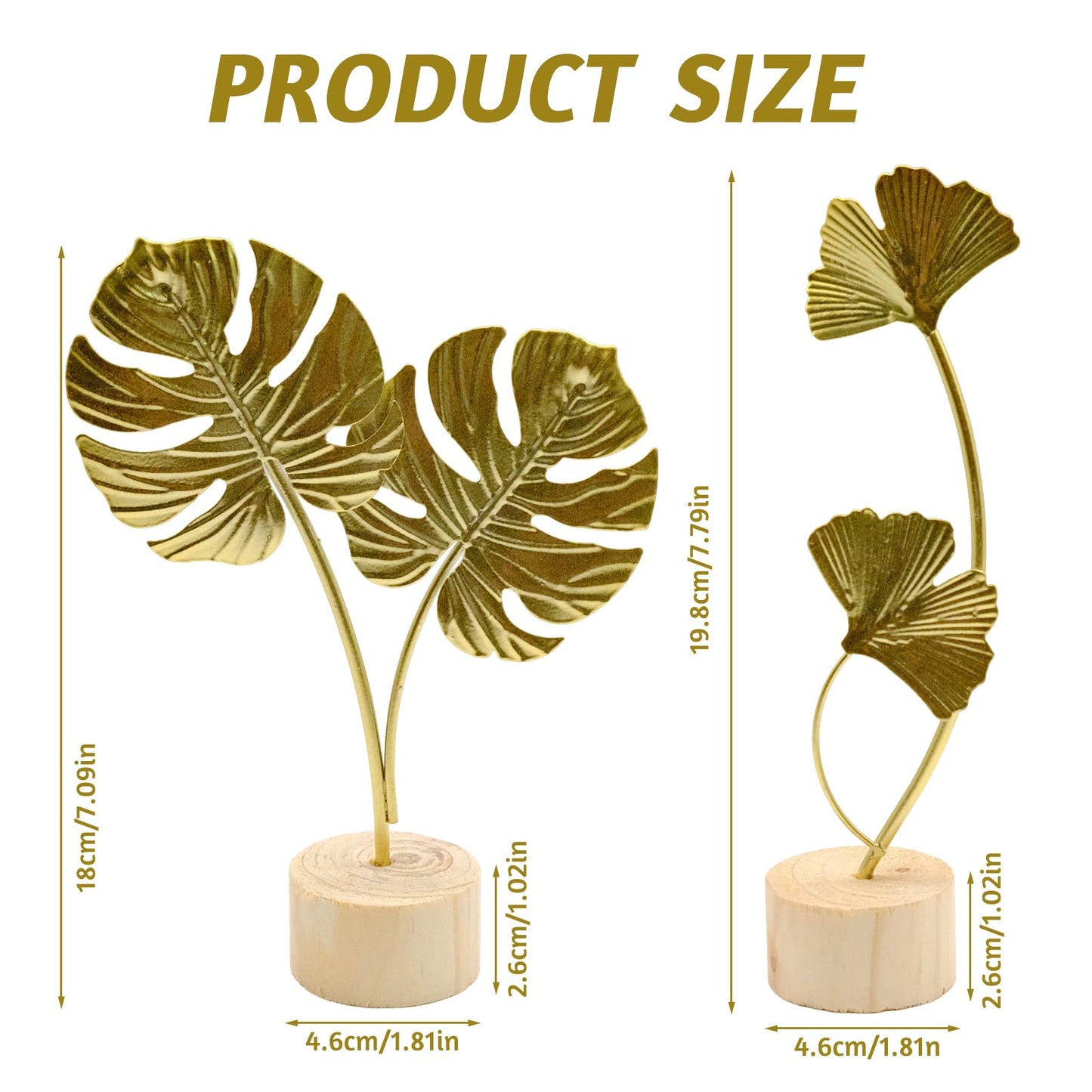 JLNGTHONG 2 Pcs Metal Gold Decor Statues, Leaves Ornaments Modern Creative Home Décor Accents Statue for Office, Room, Bookshelf, Home Decor (Monstera, Ginkgo)