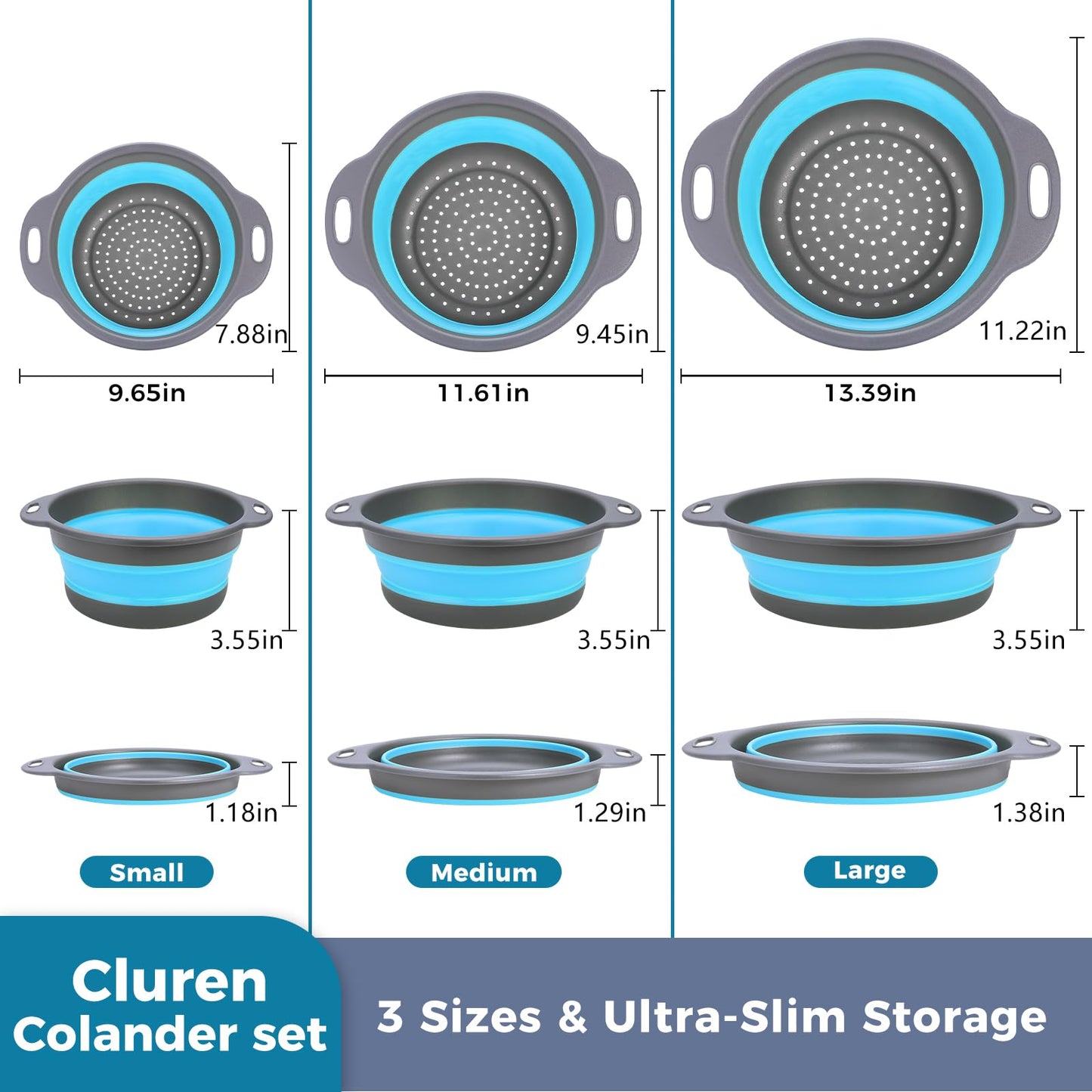 Cluren Collapsible Colander Set with Oversized Draining Tray | 3-Pack Foldable Kitchen Strainers + Base | Space Saving for Pasta, Veggies, Fruit & Rice | 5 Colors (Gray-Blue)
