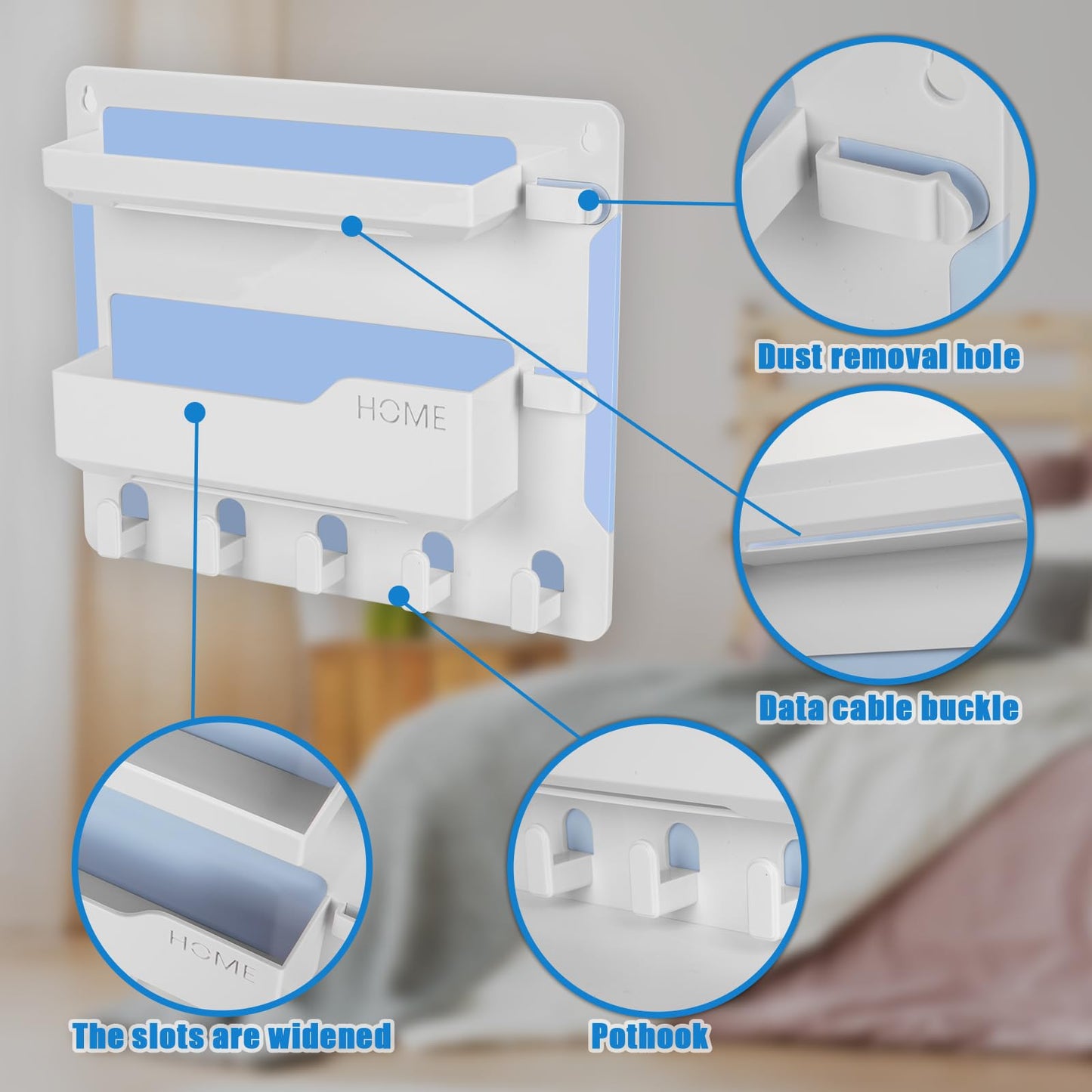 YONGAIJIA Bedside Wall Mount Shelf, Adhesive Organizer for Remote, Phone, Glasses. Accessories Storage Suitable for College Dorm, Bunk Bed, Bedroom, RV (White)