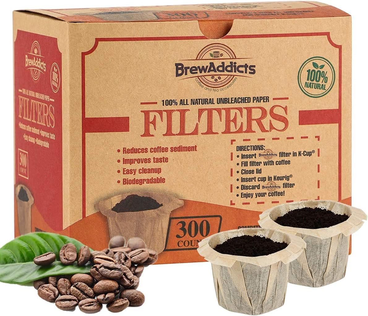 Brew Addicts 300 Paper Coffee Single-Use Filters, Brown, All-Natural & Unbleached for Keurig Brewers and Compatible with K-Cup Pods 1.0 & 2.0 Models, Disposable filters