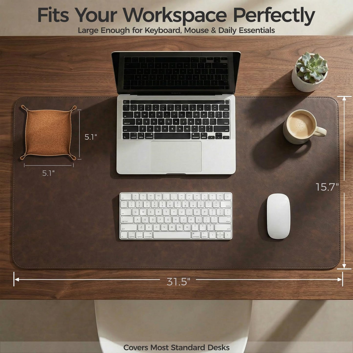 Premium Faux Leather Desk Mat & Tray Set，Innovative Cork-Look Printed Base，Gift Tube Packaging，Full-Desk Coverage，Non-Slip Desk Pad for Office Home（Espresso Brown）