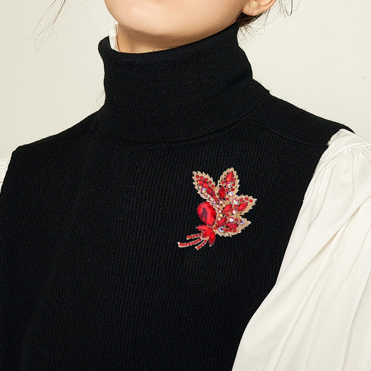YOQUCOL Red Austrian Crystal Leaf Shape Bouquet Big Large Brooch Pin Rhinestone Scarf Decoration Wreath Cloth Pin For Women