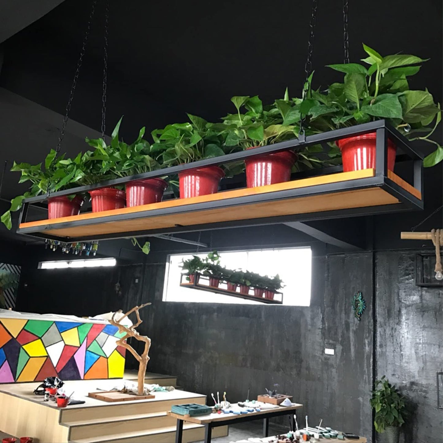 Hanging Flower Pot Display Rack - Wooden & Metal Plant Stand for Balcony, Bar, Patio, Garden - Adjustable Sizes 60/80/100/120/140cm - Stylish Railing Shelf for Flower Baskets