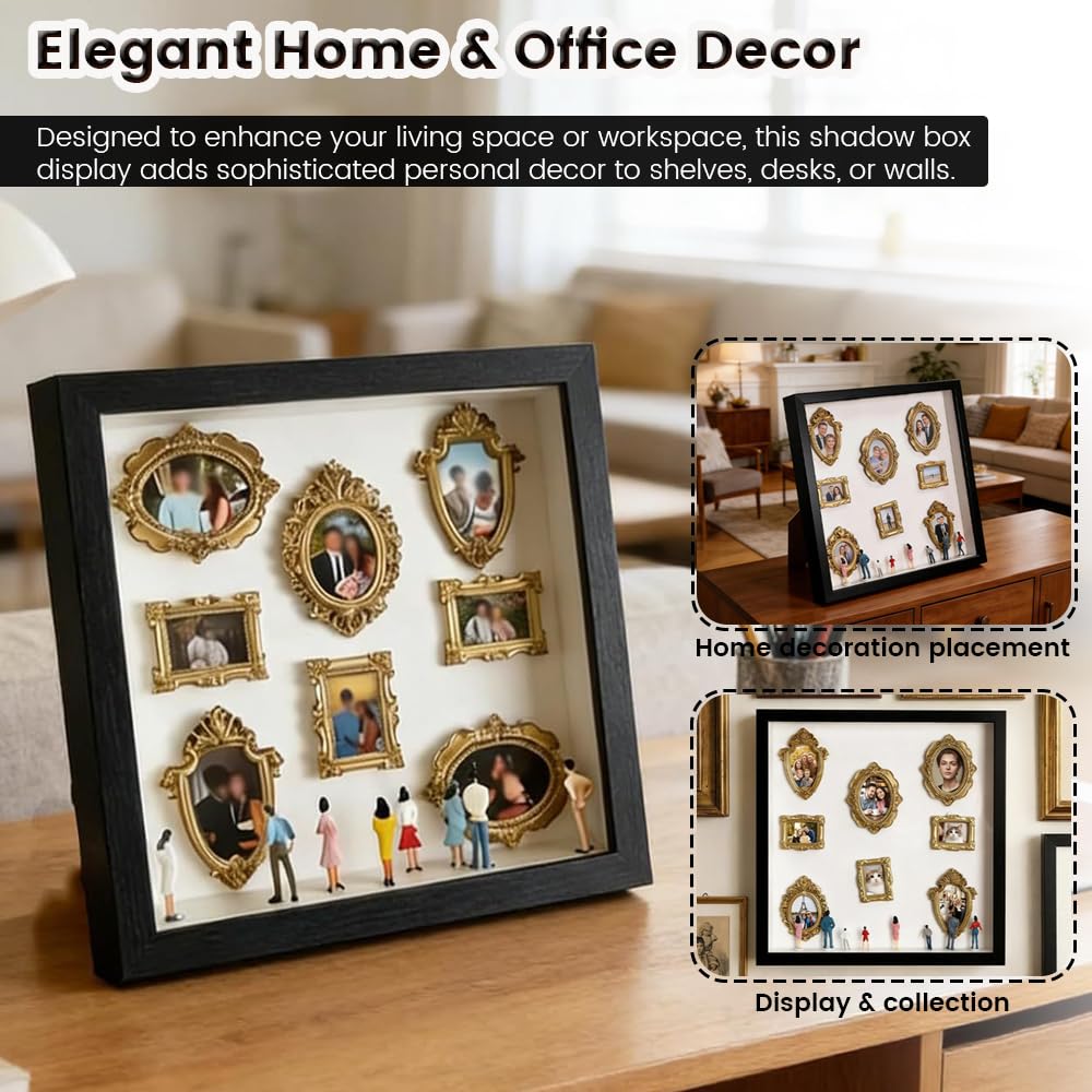 DIY Shadow Box Kit for Personalized Memories, Custom Memory Display with Mini Figurines and Gold Frames, Creative Home Decor Gift for Wedding Anniversary & Family Photos (Black,Without Lights)