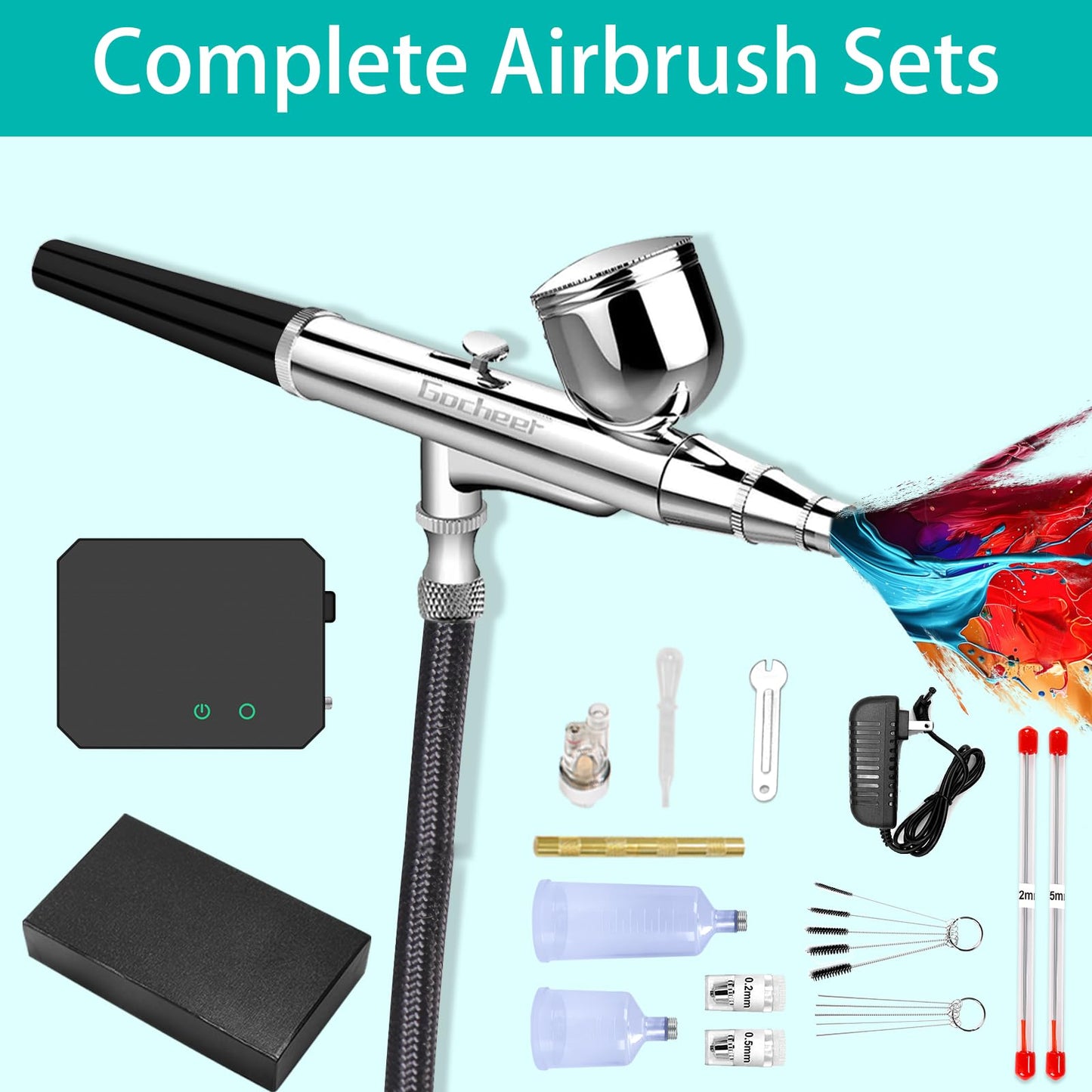 Gocheer Airbrush Kit with Air Compressor, 40 48 PSI High Pressure Air Brush Non-Clogging with 0.2/0.3/0.5mm Nozzle/Cleaning Sets, Ideal for Painting, Modeling, Cake Decor, Makeup (Black, 40 PSI)