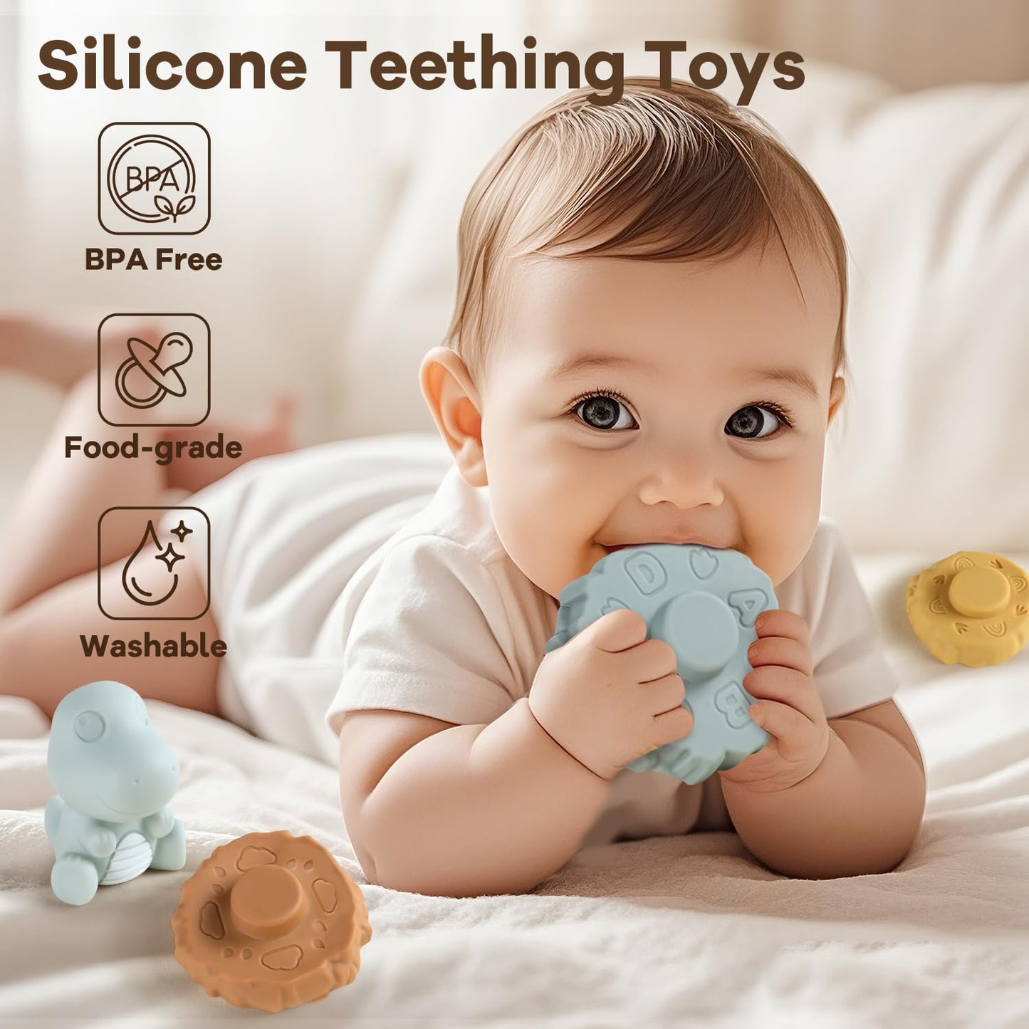 Yrkidstoi Stacking & Nesting Baby Teething Toy, 7 Pcs Soft Building Rings Stacker Toys with Dinosaur Figure, Newborn Essentials Sensory Learning Toys for 6+ Months Infant Toddler Boys Girls