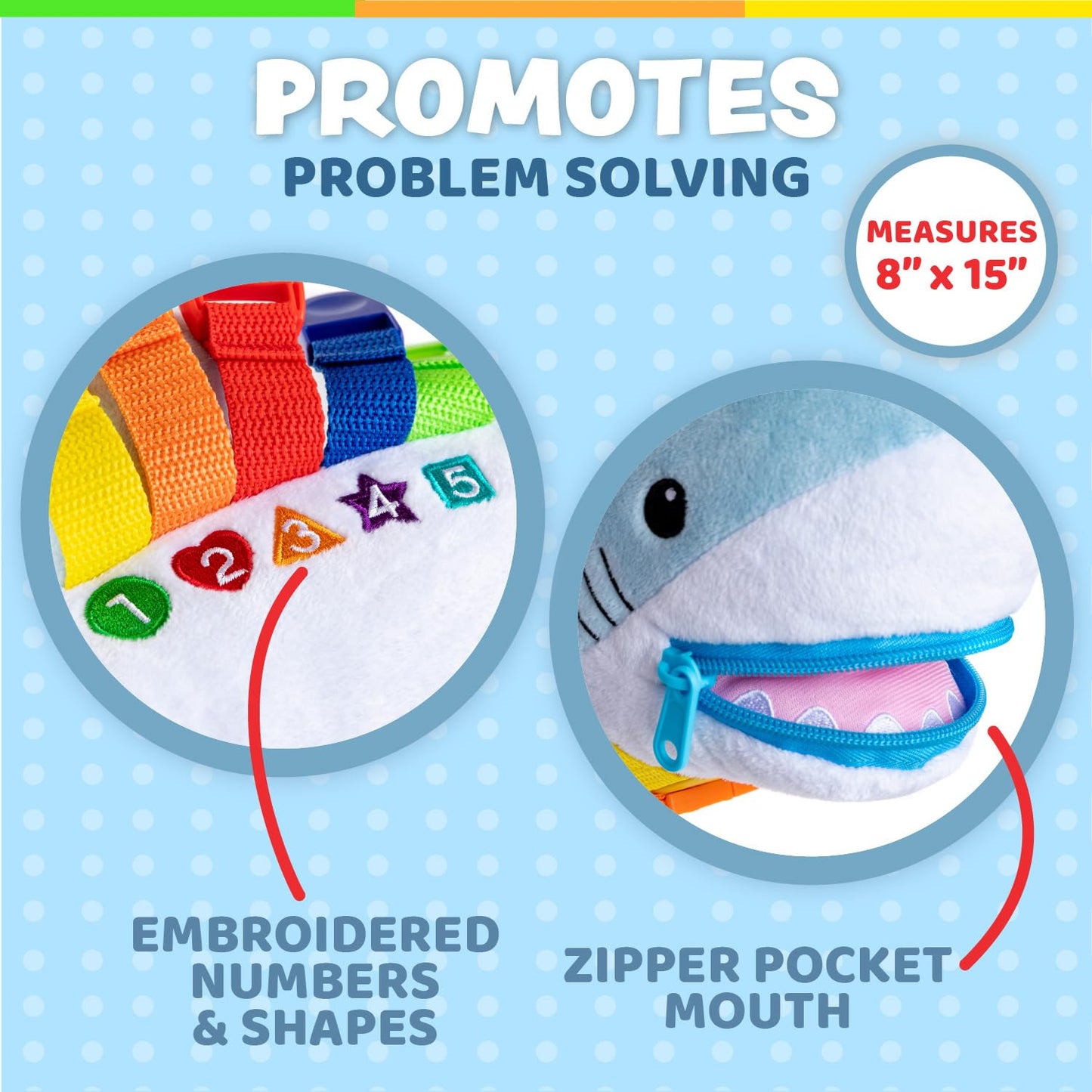 Buckle Toys - Bruce Shark Stuffed Animal - Montessori Learning Activity Travel Toy for Toddlers - Develop Motor Skills and Problem Solving