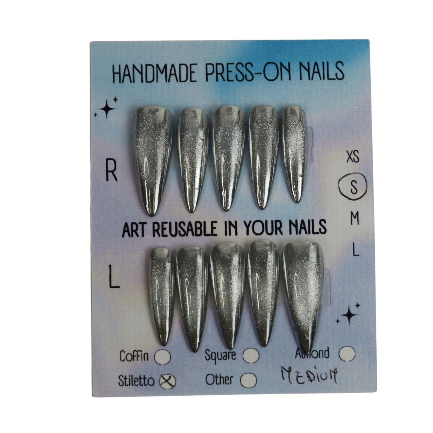 Handmade Medium Stilleto Magnetic Cat Eye Press-On Nails – Chrome Finish (Gold, Ruby Red, or Silver) | Reusable Glossy Gel Look | Instant Manicure (Silver Mirror Cat Eye, M medium Stiletto)