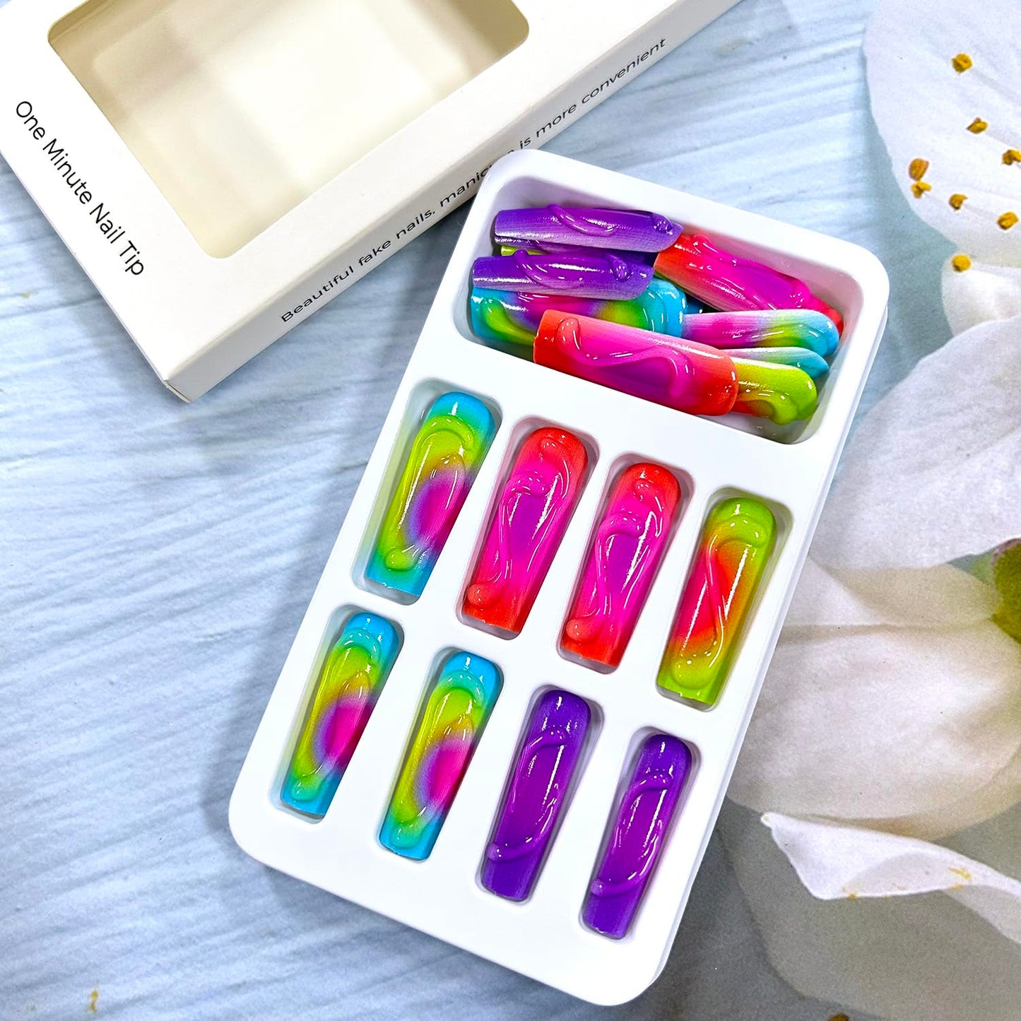 CJDLTS 3D Stereoscopic French Press on Nails - Long Square Coffin Colorful False Full Cover Artificial Acrylic Stick on DIY Glue on for Women - Manicure Kit 24Pcs