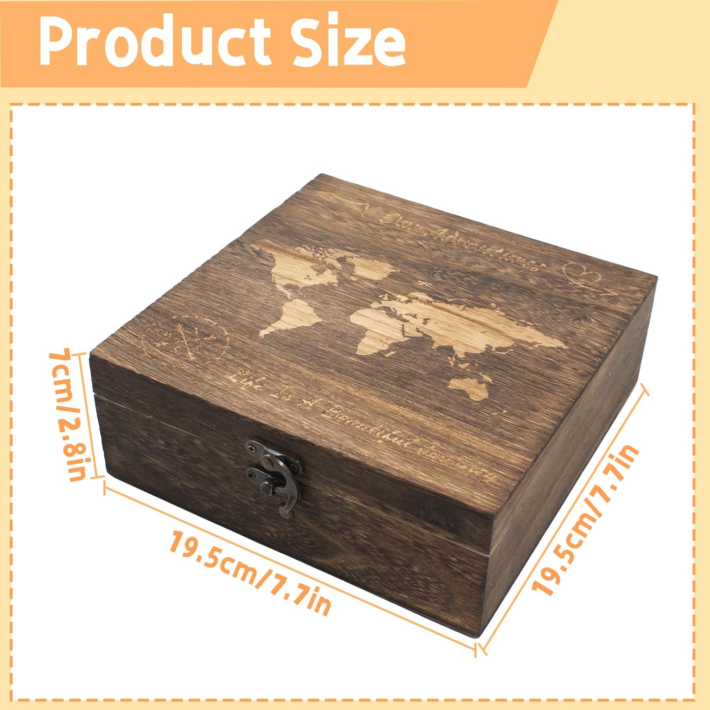 QoTang Our Adventures Box, 7.7 x 7.7 x 2.7 Inches, Decorative Wooden Keepsake Box Memory Box with World Map Background Engraved Wood Box with Lid Unique Gift Ideas Wedding Engagement Gift