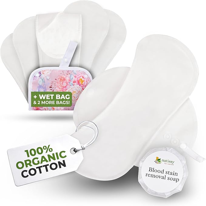 Organic Cotton EcoComfort Reusable Period Pads for Heavy Flow & Incontinence (L+XL, 6-Pack); High-Temp Washable Cloth for Women; Non-Irritating, Soft Reusable Menstrual for Comfortable Care