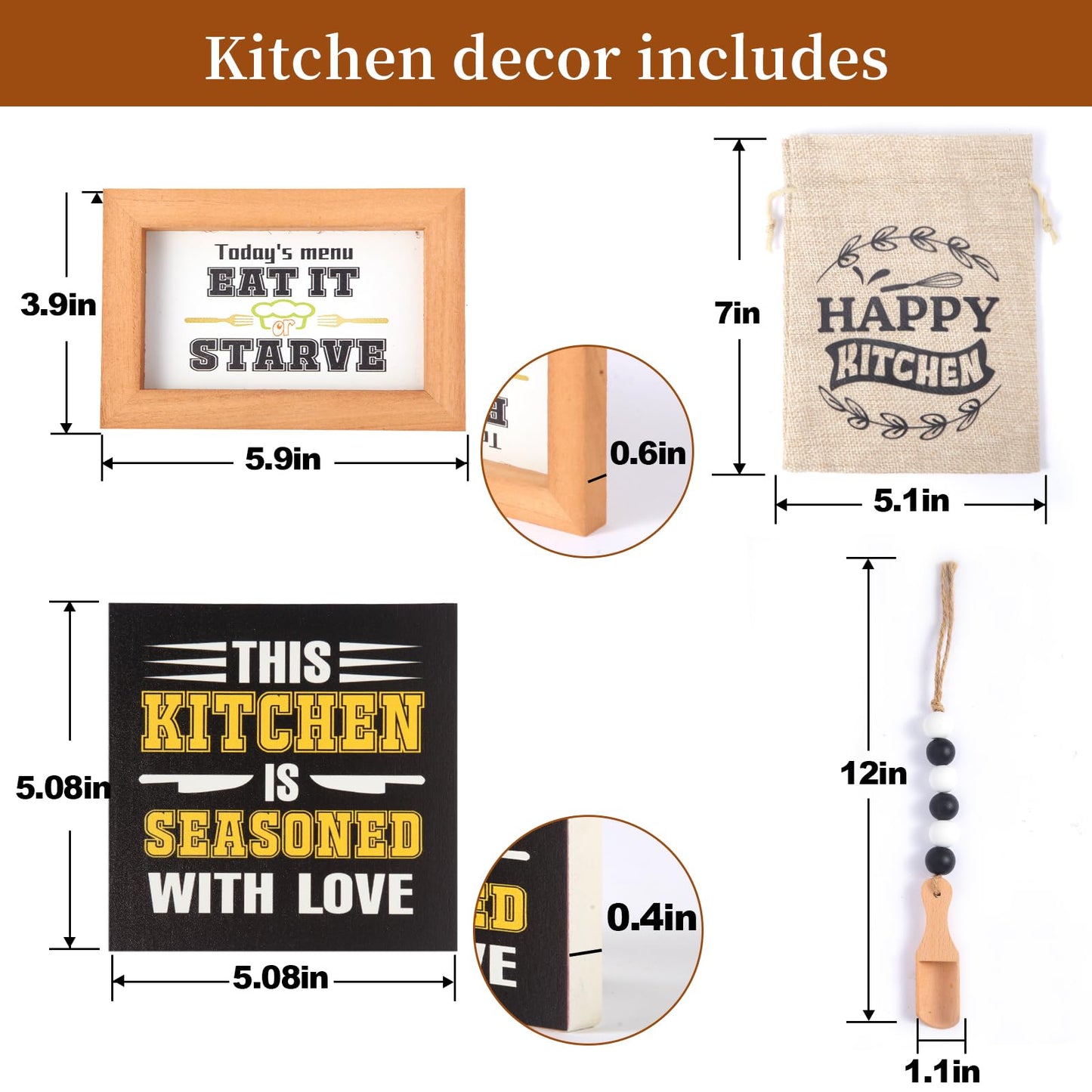 Rustic Farmhouse Kitchen Decor Set - 5-Piece Wooden Signs with Funny & Inspirational Quotes, Free-Standing Shelf & Tabletop Decor for Counter, Dining Room, Cafe - Housewarming Gift for Chef, Home