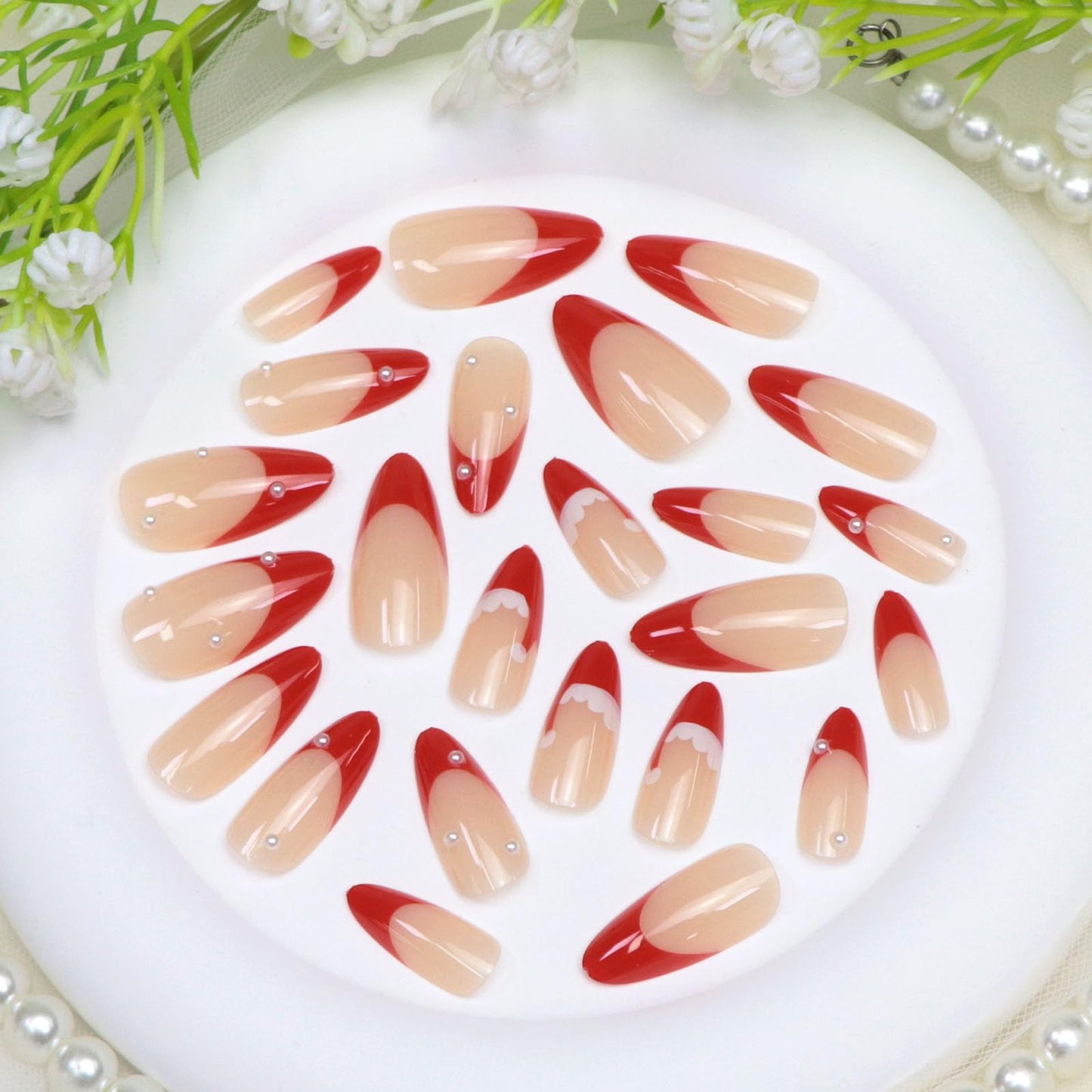 Christmas Press on Nails Medium Almond Fake Nails with Pearl Designs French Tip Nails Press ons Glossy Xmas Red Nude Glue on Nail Winter Artificial Stick on Nail for Women 24 Pcs