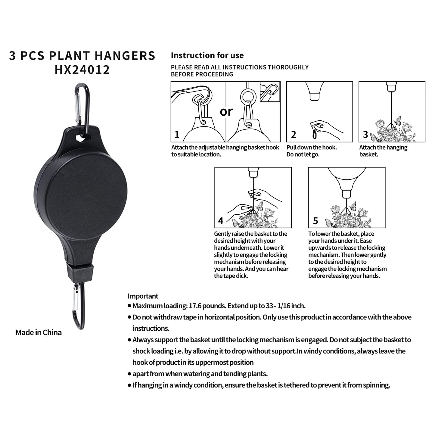 HOGXUAE 3Pack Retractable Plant Hanger Pulley System with Adjustable Rope Clips-Heavy-Duty for Indoor & Sheltered Outdoor Use(Max 15kg)