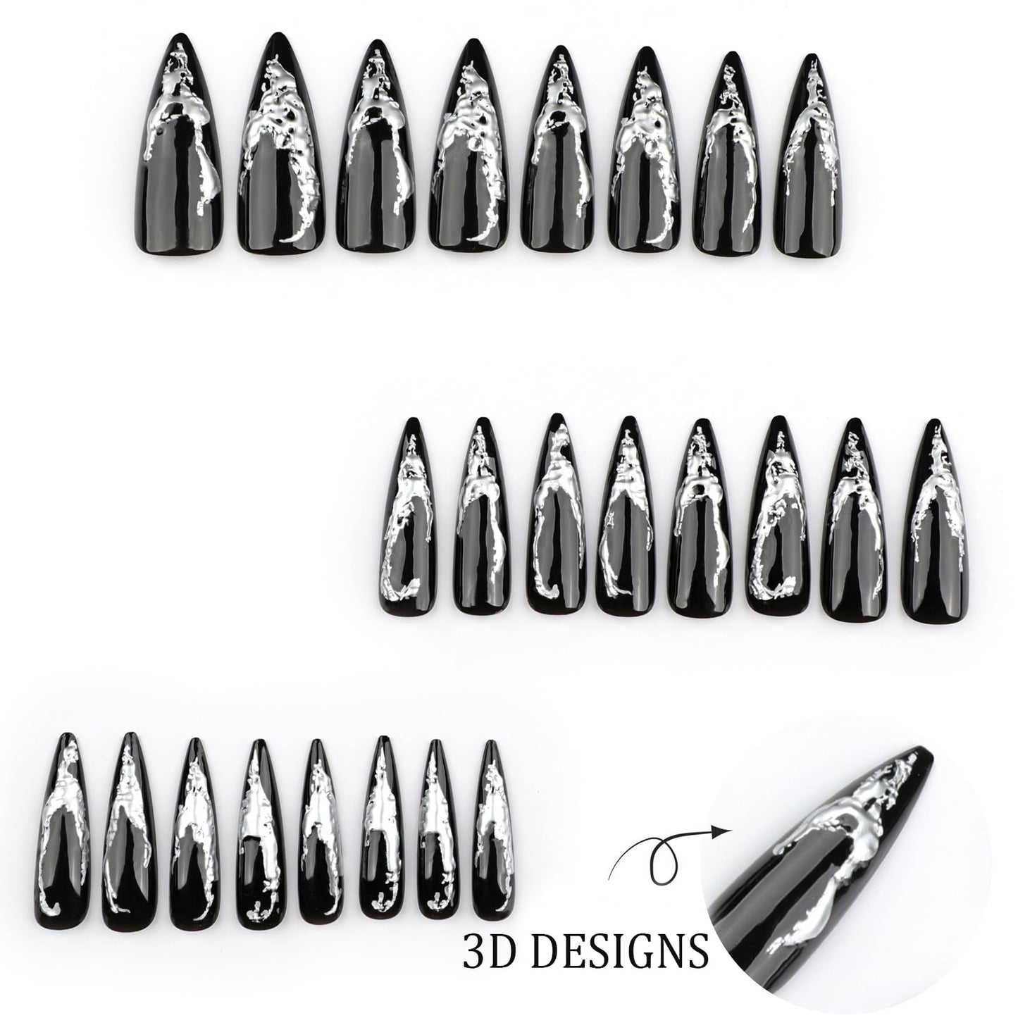 IMSOHOT Press on Nails – 3D Silver Edge, Long Stiletto Fake Nails Black Ombre Glossy Full Cover Reusable Acrylic Glue on Nails Y2K Goth Gel False Nails