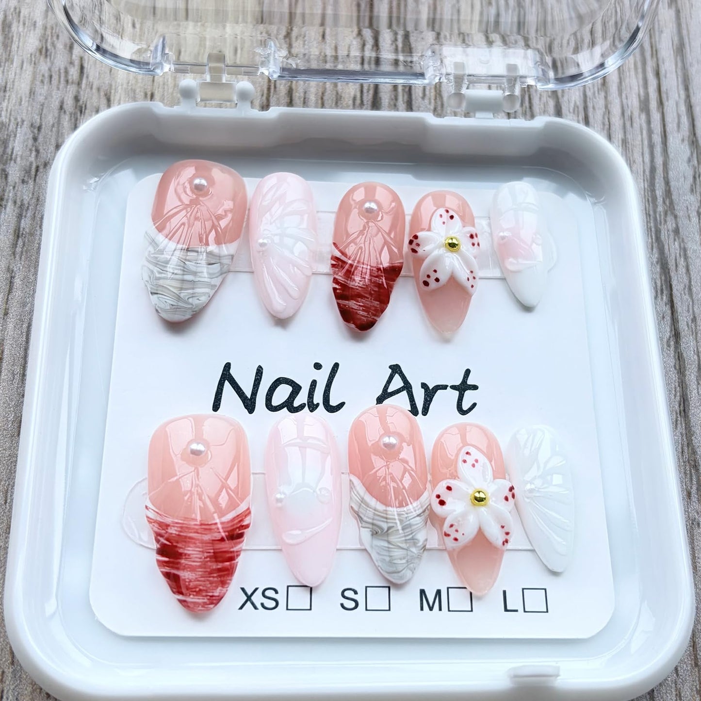 Threelegscat 10 PCS Handmade Almond Press on Nails Medium French Tip Fake Nails 3D Flower and Pearl accents for Women Daily& Gift Size M