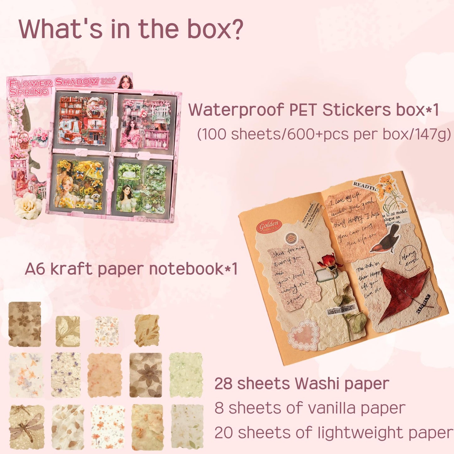 Cullevo 600PCS Spring Floral Scrapbook Stickers – Flower Shadow Spring Breeze Edition with Characters, Junk Journal Supplies + 28PCS Retro Background Paper & A6 Kraft Notebook